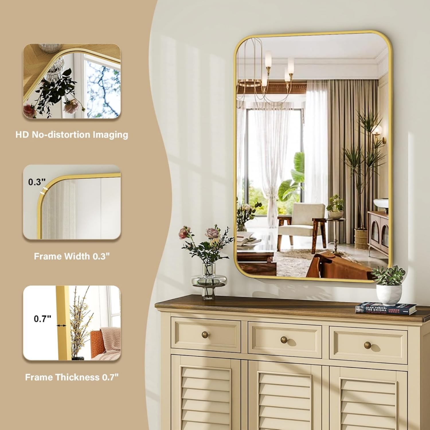 Round Corner Top Bathroom Mirror 30'' x 48'' Rectangle Aluminum Frame Mirror Gold Hanging Entryway Wall Mirror Bedroom Decorative Mirror Living Room