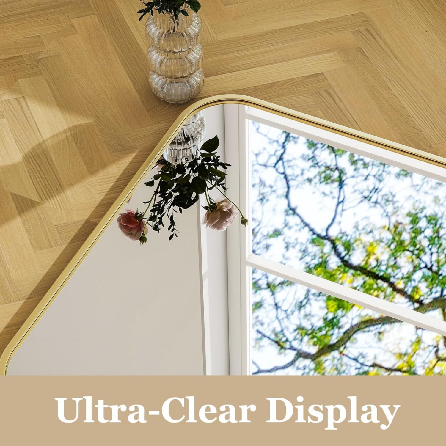 Round Corner Top Bathroom Mirror 30'' x 48'' Rectangle Aluminum Frame Mirror Gold Hanging Entryway Wall Mirror Bedroom Decorative Mirror Living Room