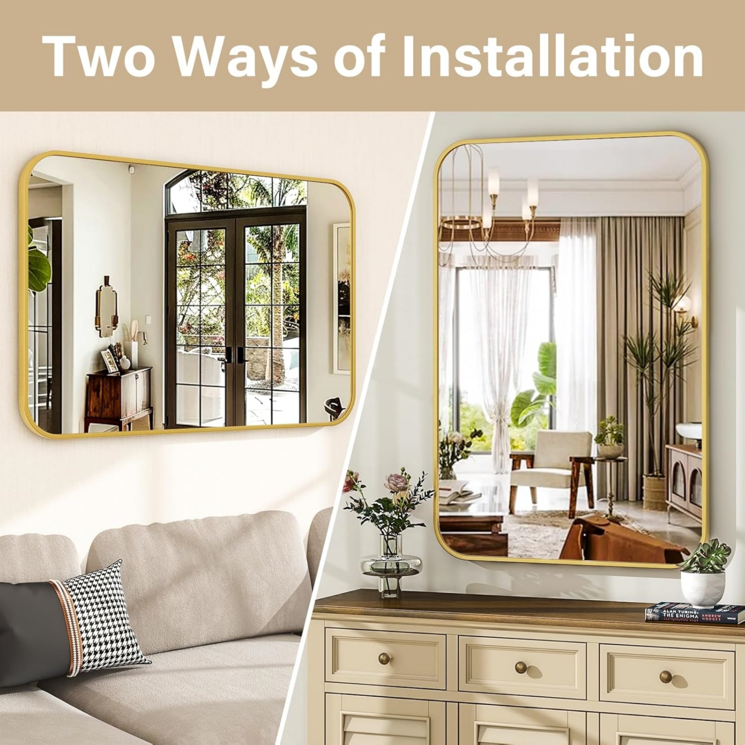 Round Corner Top Bathroom Mirror 30'' x 48'' Rectangle Aluminum Frame Mirror Gold Hanging Entryway Wall Mirror Bedroom Decorative Mirror Living Room