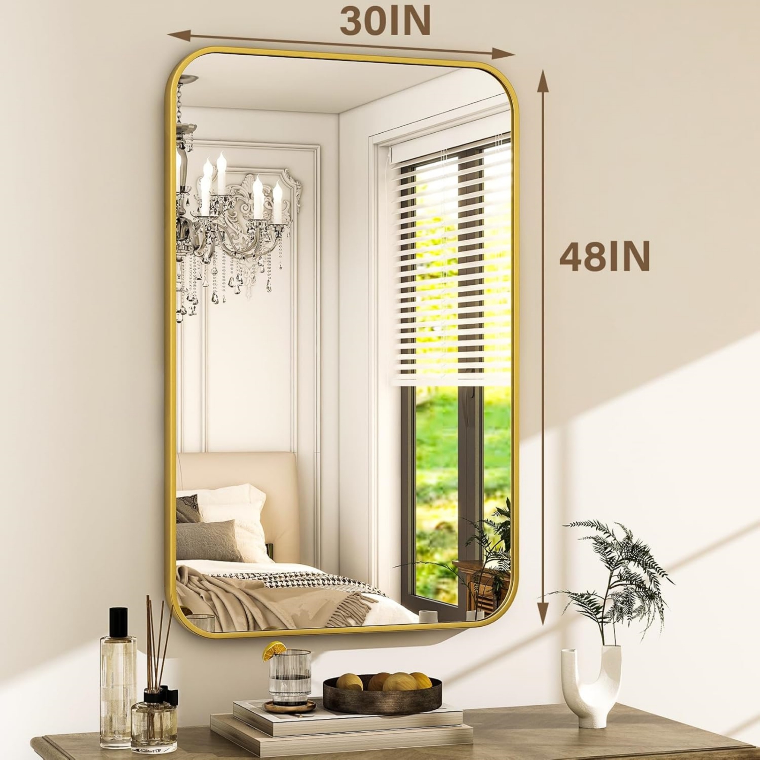 Round Corner Top Bathroom Mirror 30'' x 48'' Rectangle Aluminum Frame Mirror Gold Hanging Entryway Wall Mirror Bedroom Decorative Mirror Living Room