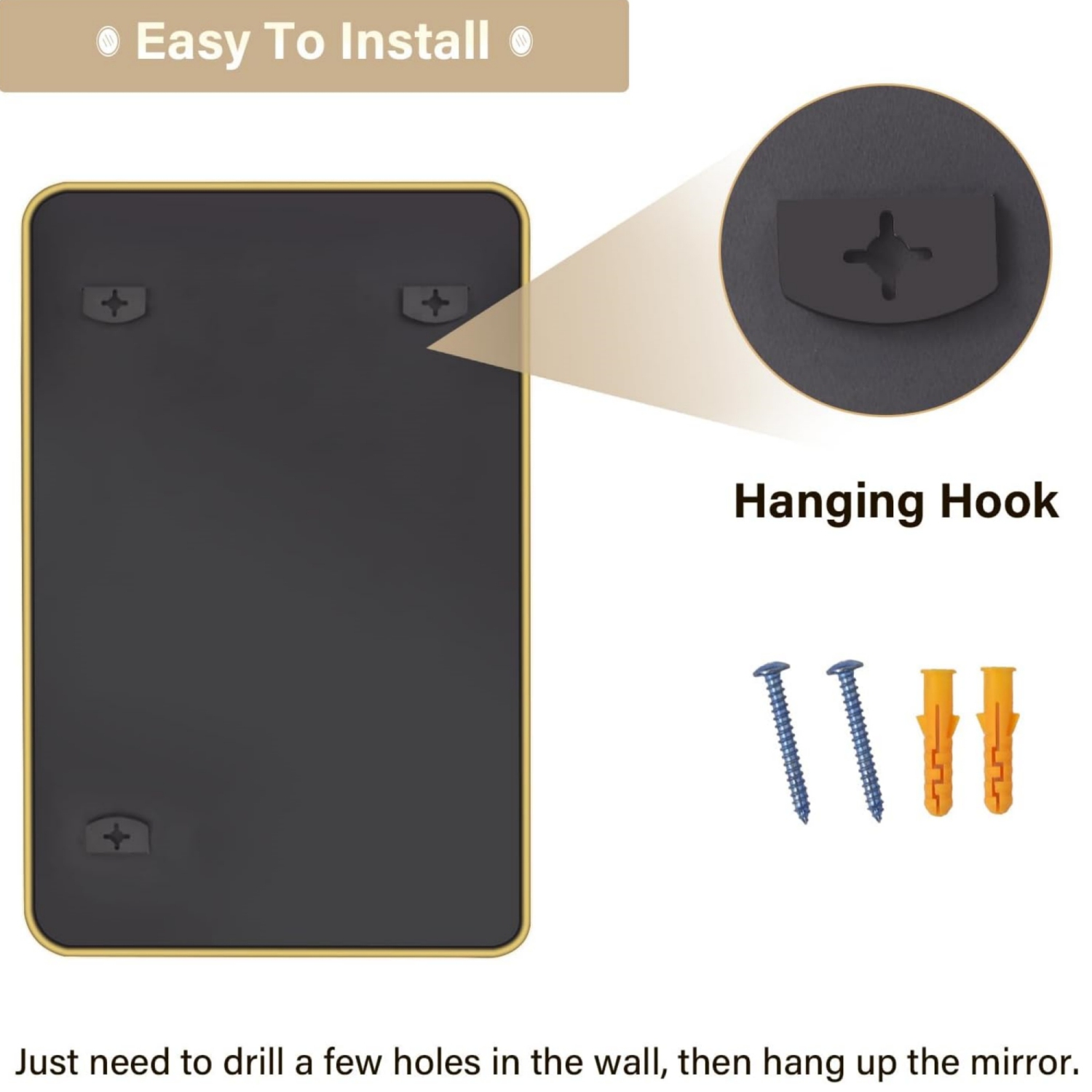 Round Corner Top Bathroom Mirror 30'' x 48'' Rectangle Aluminum Frame Mirror Gold Hanging Entryway Wall Mirror Bedroom Decorative Mirror Living Room