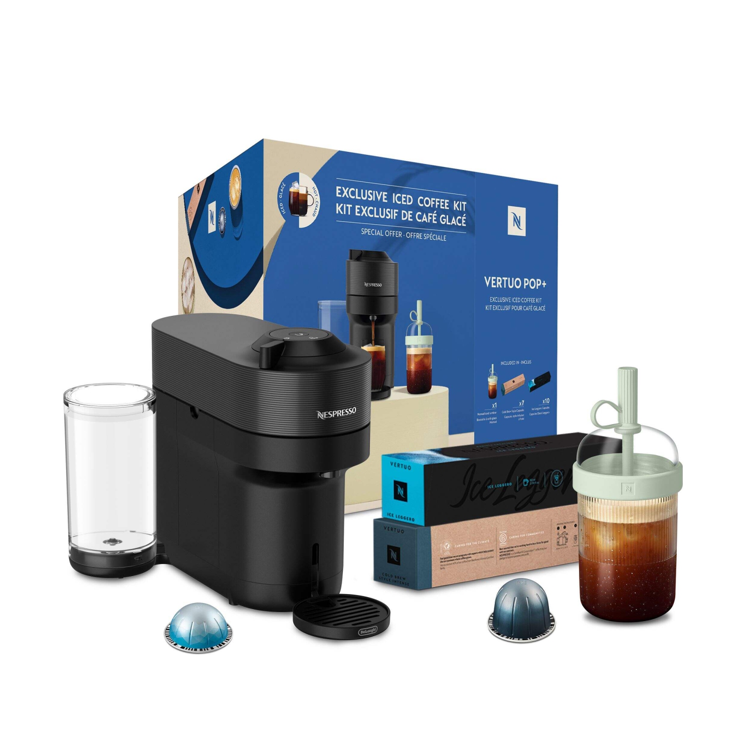 Machine à café et à espresso Nespresso Vertuo Pop+ par De'Longhi, noir réglisse, ensemble café glacé avec tasse de voyage, capsules de café glacé,