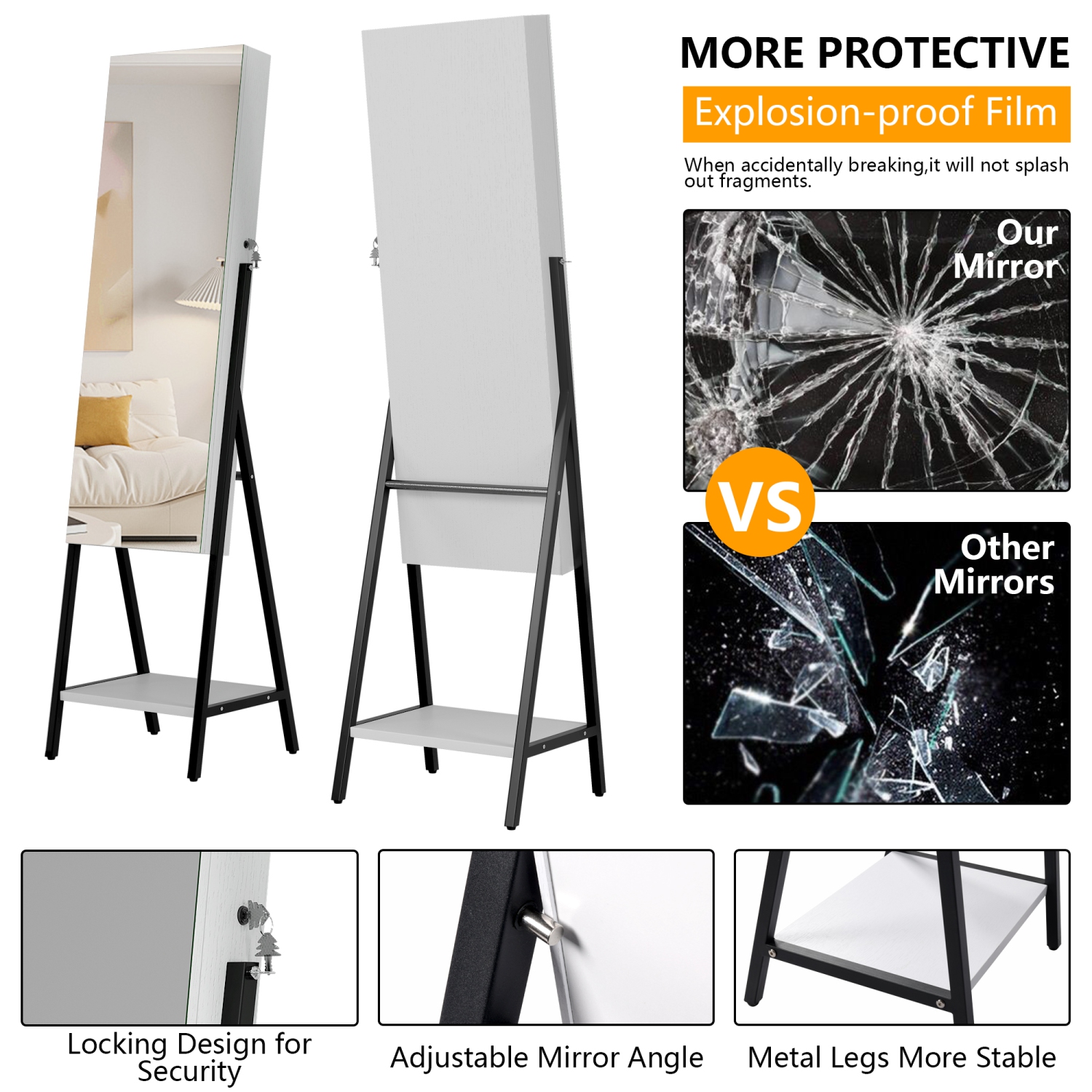 Vlsrka – Armoire à bijoux miroir à 3 DEL, miroir à bijoux pleine longueur de 60,4&nbsp;po, armoire à bijoux verrouillable debout, miroir de plancher