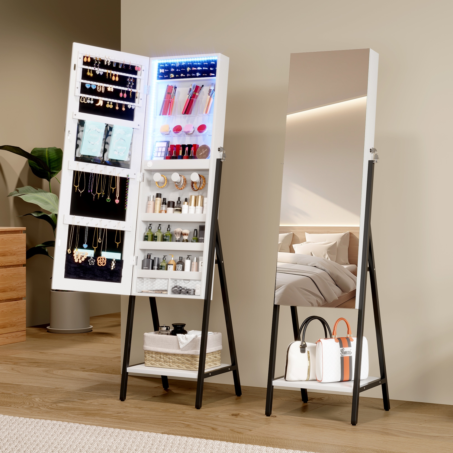 Vlsrka – Armoire à bijoux miroir à 3 DEL, miroir à bijoux pleine longueur de 60,4&nbsp;po, armoire à bijoux verrouillable debout, miroir de plancher