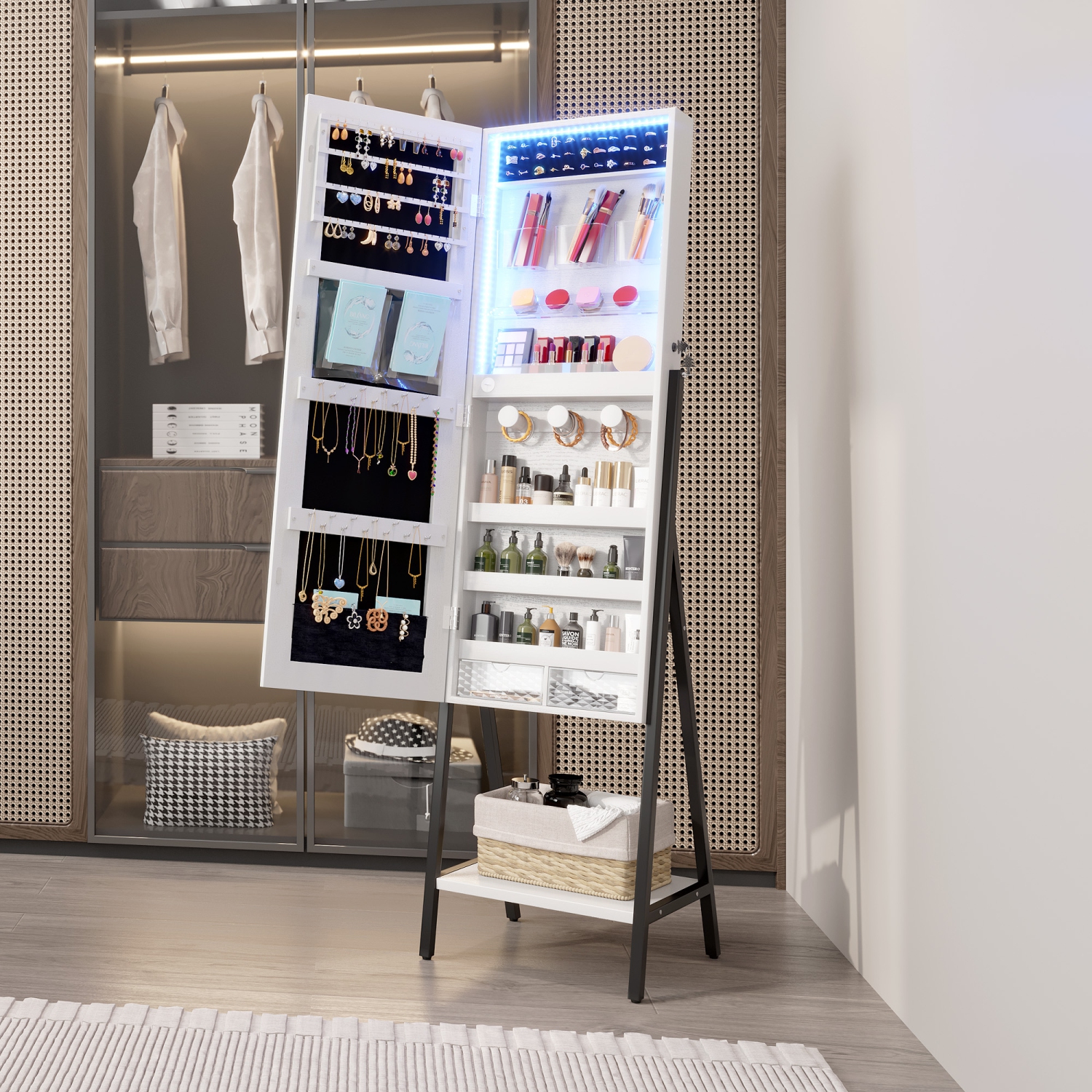 Vlsrka – Armoire à bijoux miroir à 3 DEL, miroir à bijoux pleine longueur de 60,4&nbsp;po, armoire à bijoux verrouillable debout, miroir de plancher