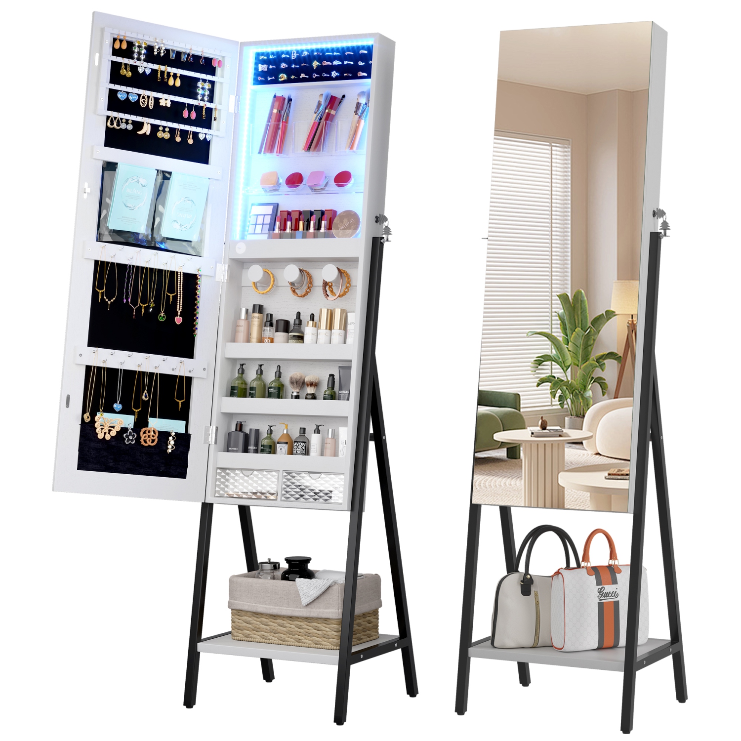 Vlsrka – Armoire à bijoux miroir à 3 DEL, miroir à bijoux pleine longueur de 60,4&nbsp;po, armoire à bijoux verrouillable debout, miroir de plancher