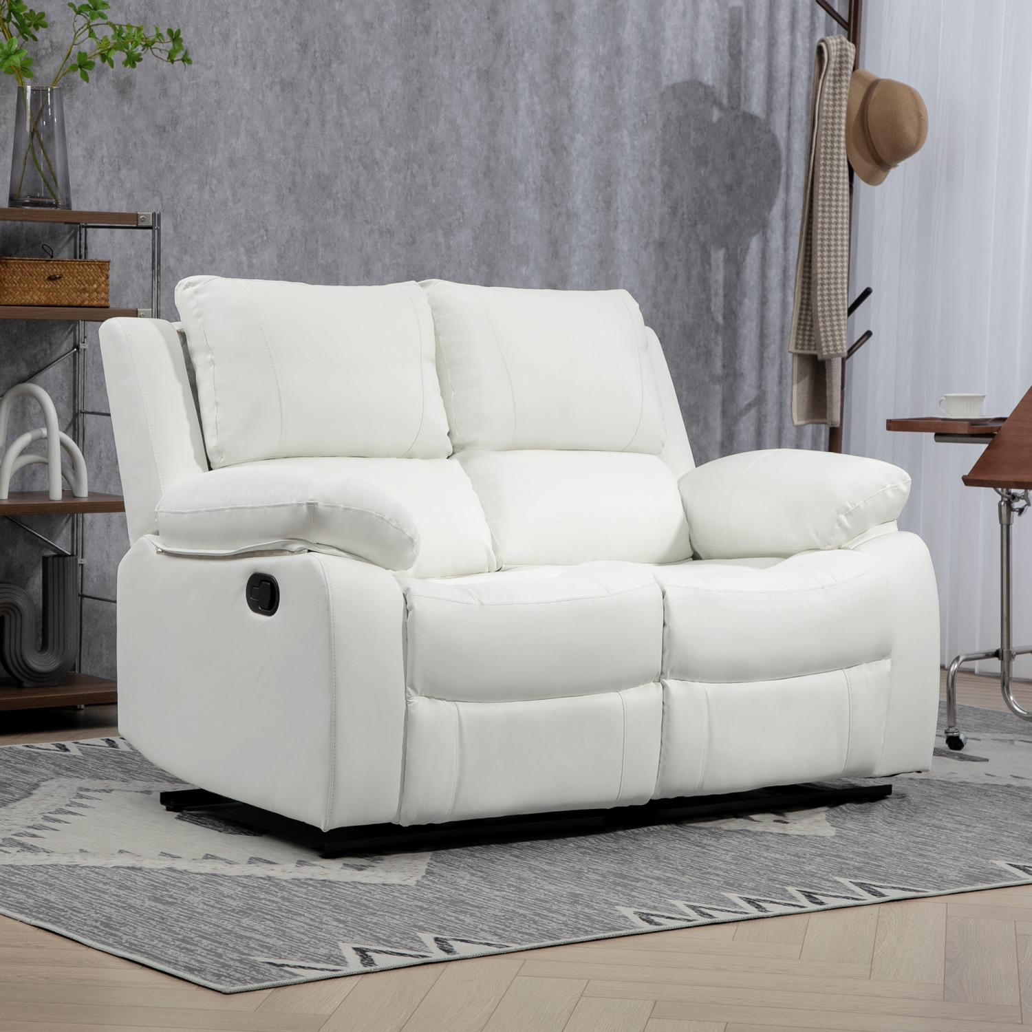 HOMCOM Double Reclining Loveseat, PU Leather Manual Recliner Sofa Chair with Pullback Control Footrest for Living Room, White