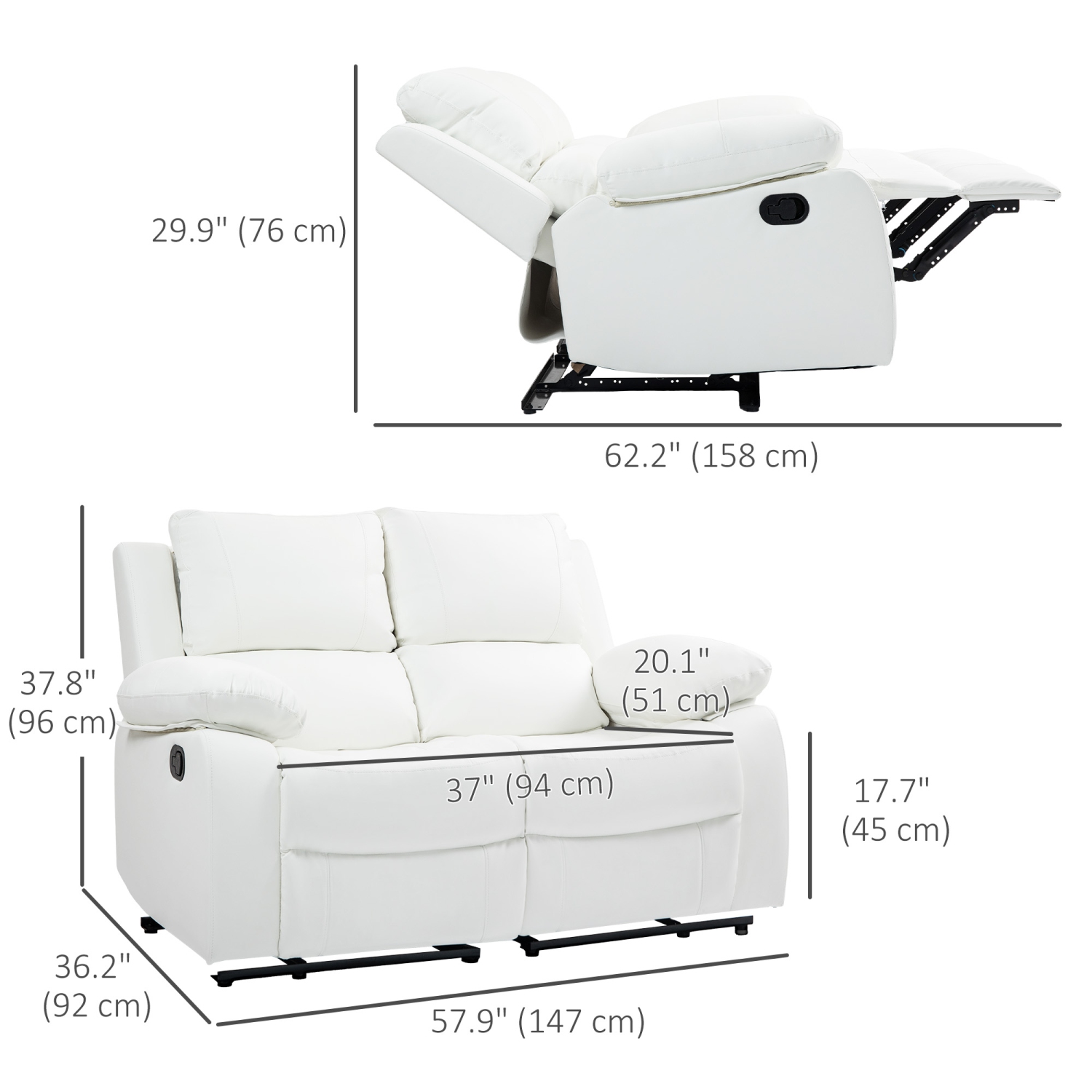 HOMCOM Double Reclining Loveseat, PU Leather Manual Recliner Sofa Chair with Pullback Control Footrest for Living Room, White