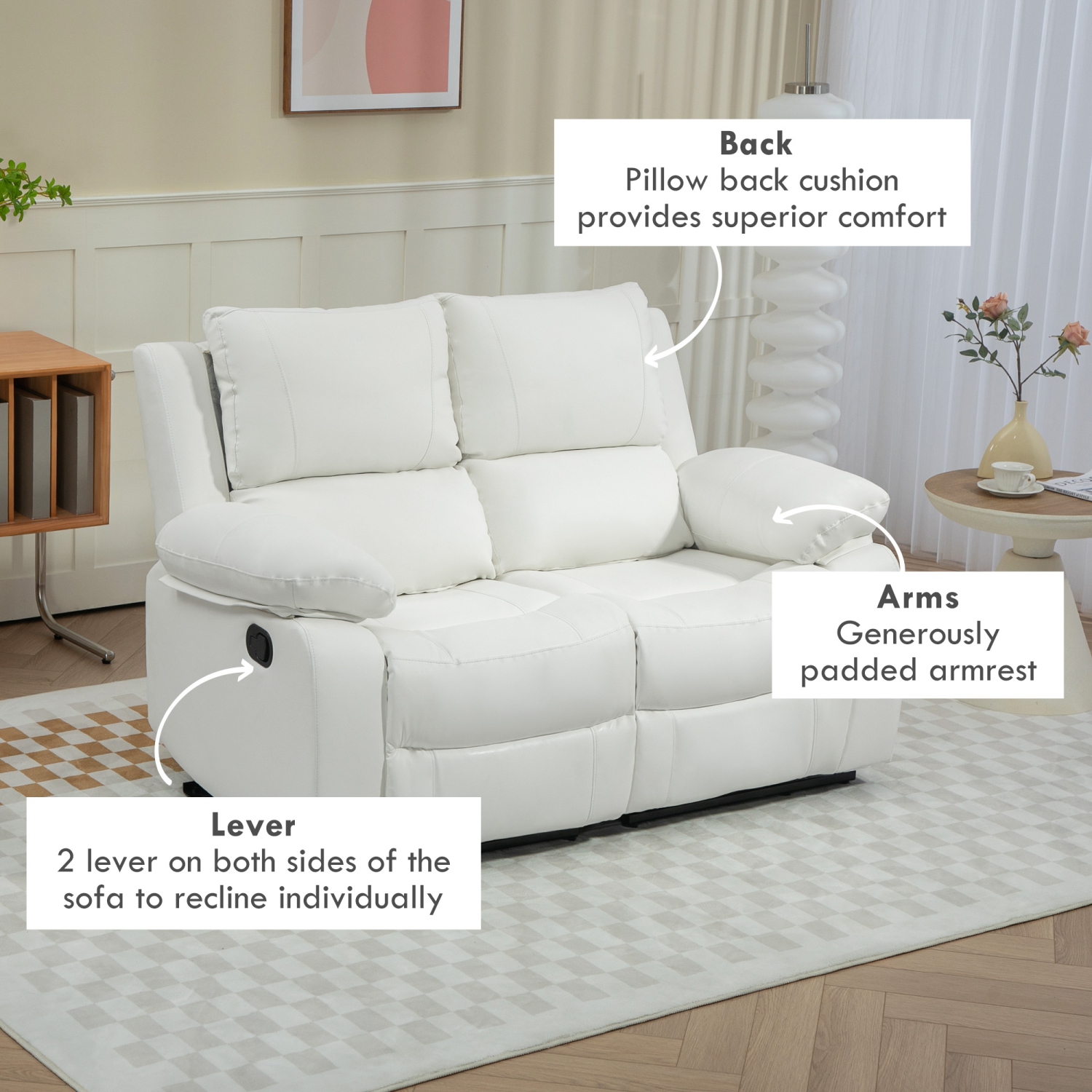 HOMCOM Double Reclining Loveseat, PU Leather Manual Recliner Sofa Chair with Pullback Control Footrest for Living Room, White
