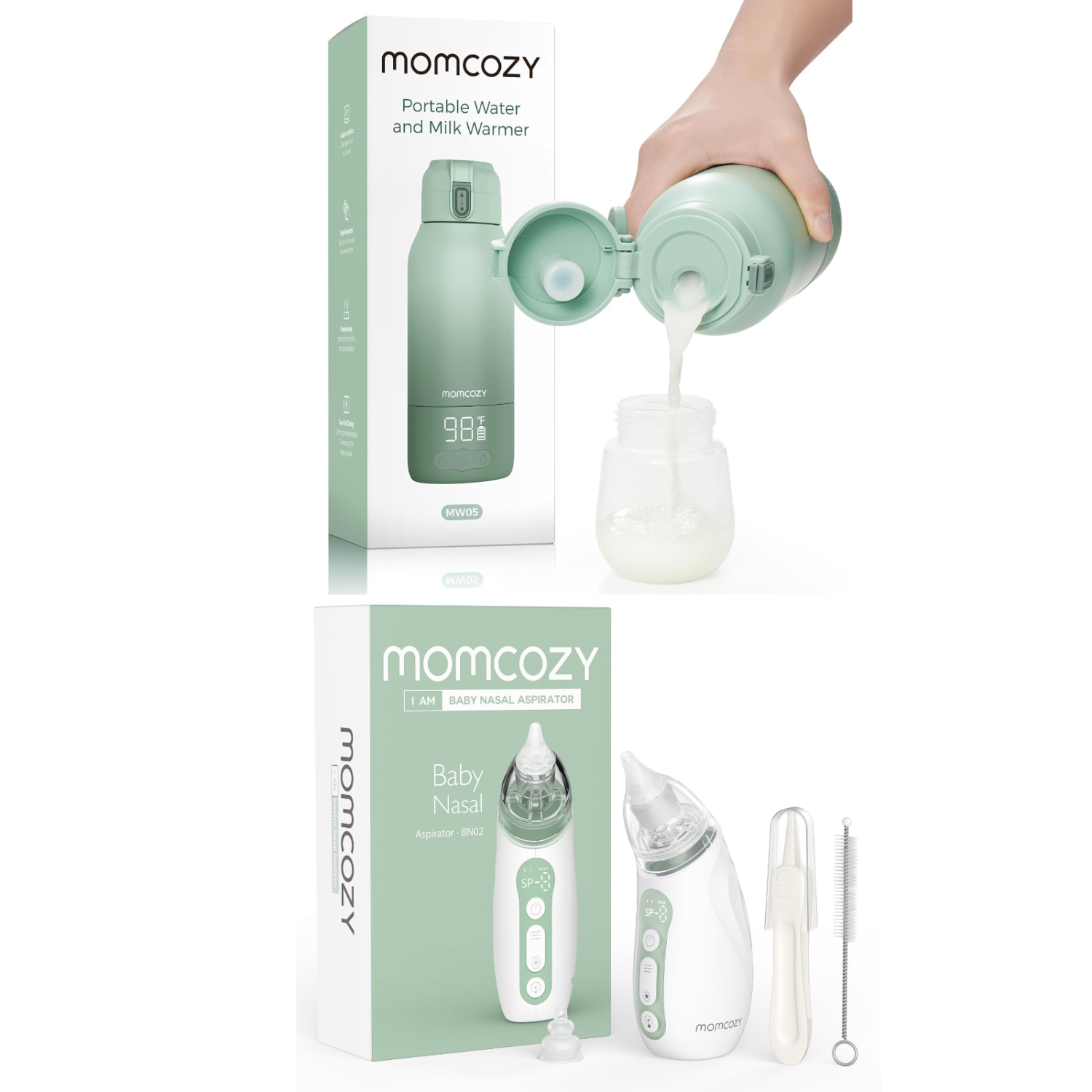 Momcozy Baby Nasal Aspirator, 3 Suction Levels Electric with Light Soothing and Music & Portable Milk Warmer for Travel – Dual Heating Modes for Breast Milk & Water, Portable Fast