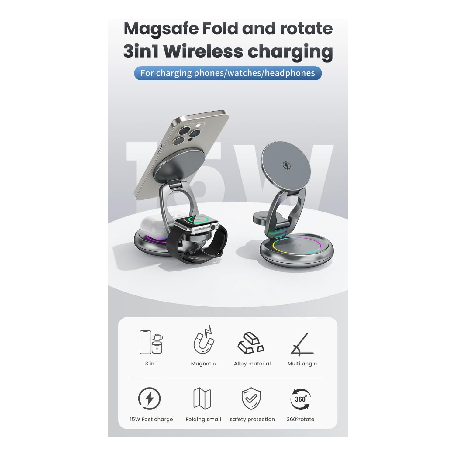 Metal 3 in 1 for Apple Magsafe Magnetic Wireless Charger Folding Stand for iPhone16 iPhone15 pro max Ultra S8 AirPods Pro