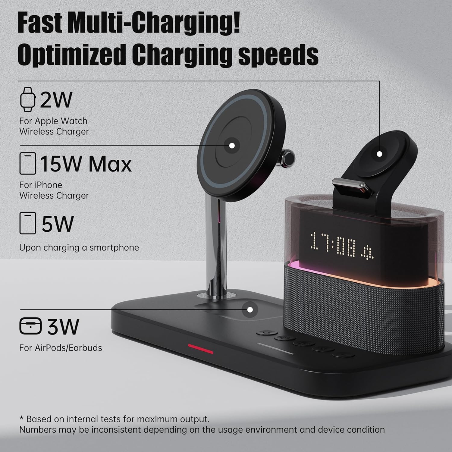 Station de chargement 3-en-1, réveil RVB avec chargement sans fil, support de chargement magnétique sans fil pour iPhone 15/14/13/12, AirPods 3/2,