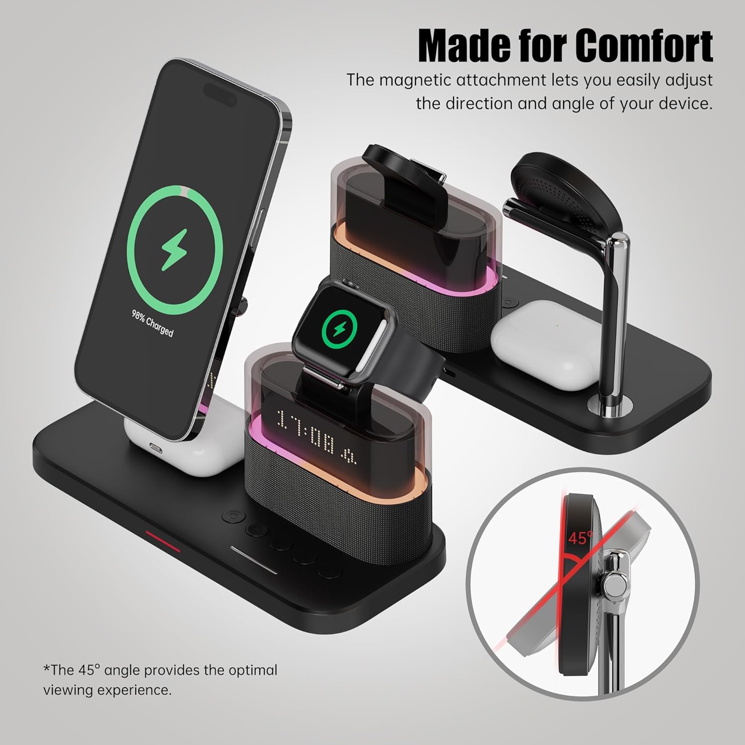 Station de chargement 3-en-1, réveil RVB avec chargement sans fil, support de chargement magnétique sans fil pour iPhone 15/14/13/12, AirPods 3/2,