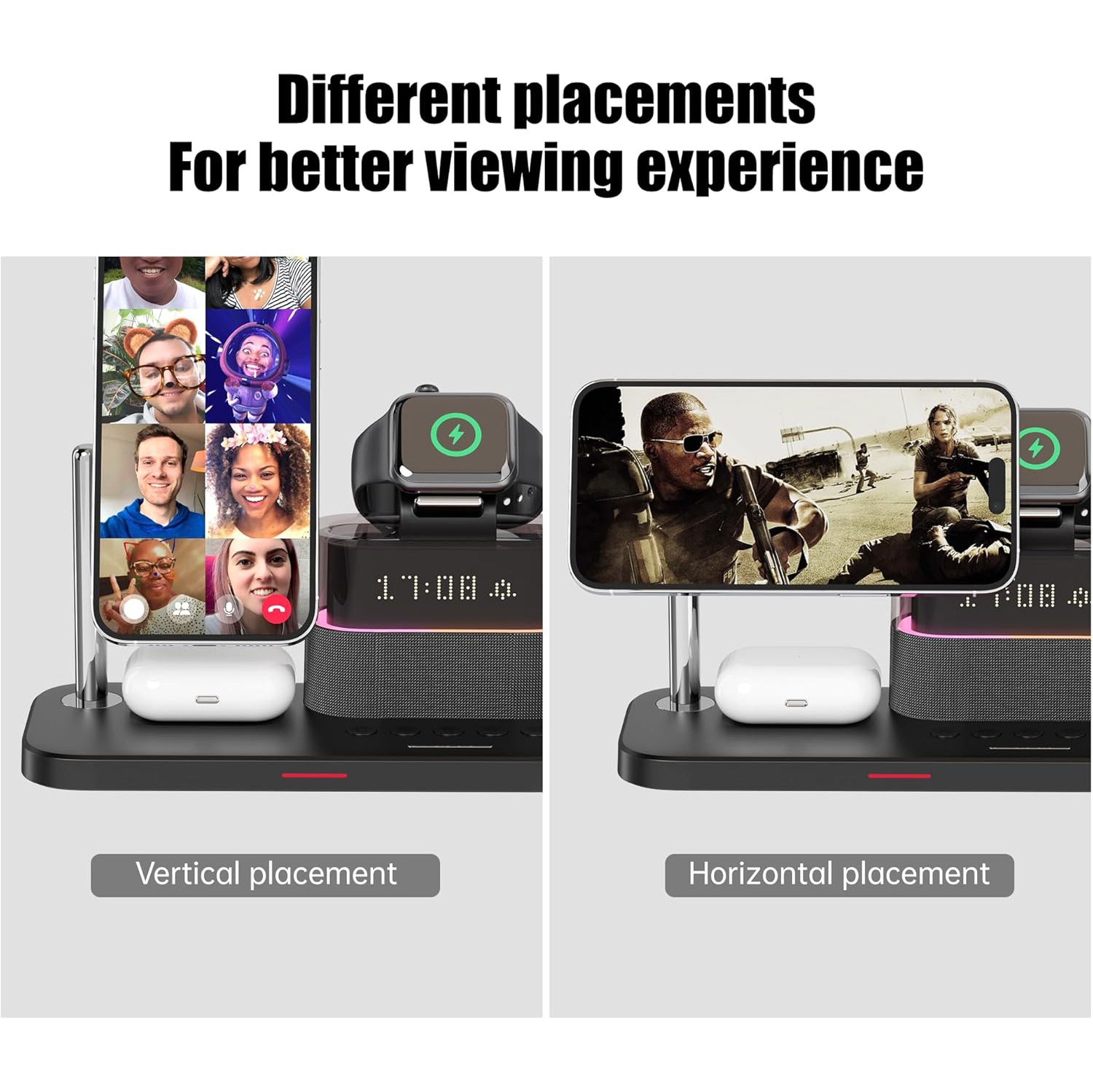 Station de chargement 3-en-1, réveil RVB avec chargement sans fil, support de chargement magnétique sans fil pour iPhone 15/14/13/12, AirPods 3/2,