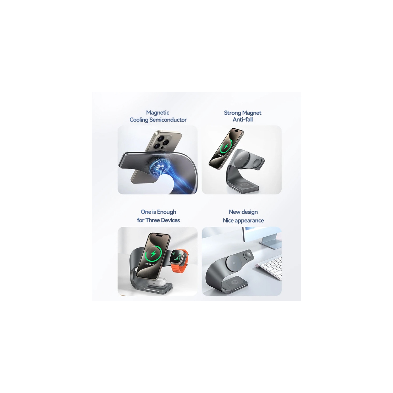 Station de chargement sans fil 3-en-1 avec MagSafe - Recharge rapide pour Apple Watch, base de chargement stable pour iPhone 15/14/13/12 Pro