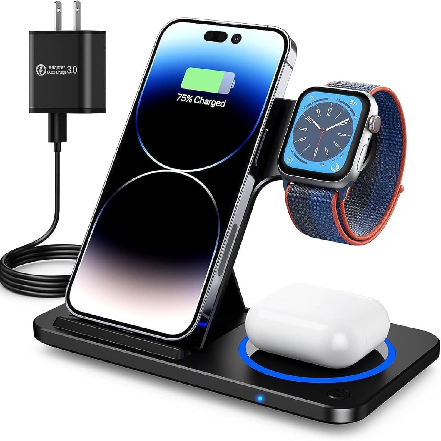 3 in 1 15W Fast Charging Station, Magnetic Foldable Wireless Charger Stand,Fast Charging Station for iPhone 15/14/13/12/Pro/Pro Max Apple Watch, AirPods, Foldable Travel Use(Black)