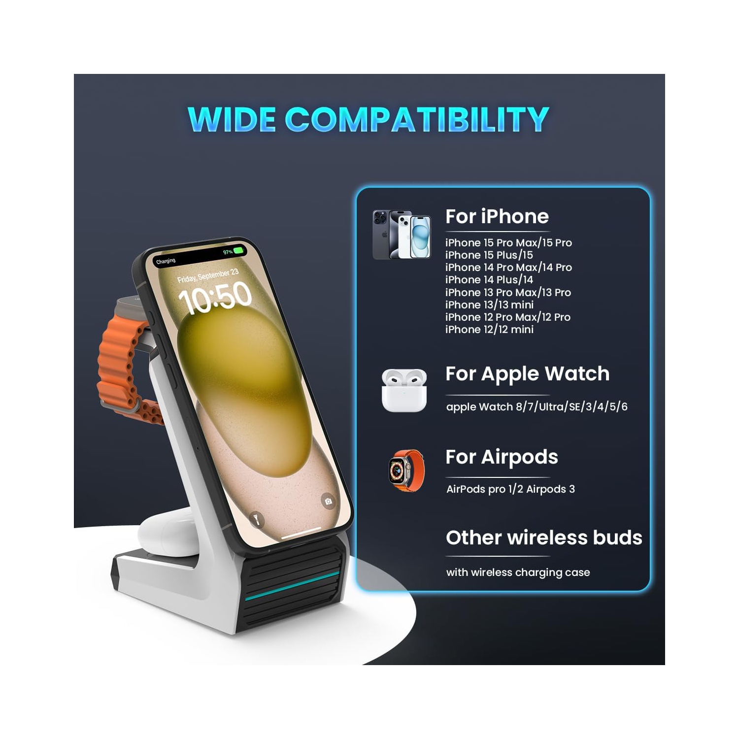 3 in 1 Wireless Charging Station for MagSafe: Magnetic Charge Stand for iPhone Apple 15 14 13 12 Pro/Pro Max/Plus/Mini- Fast Wireless Charger Dock