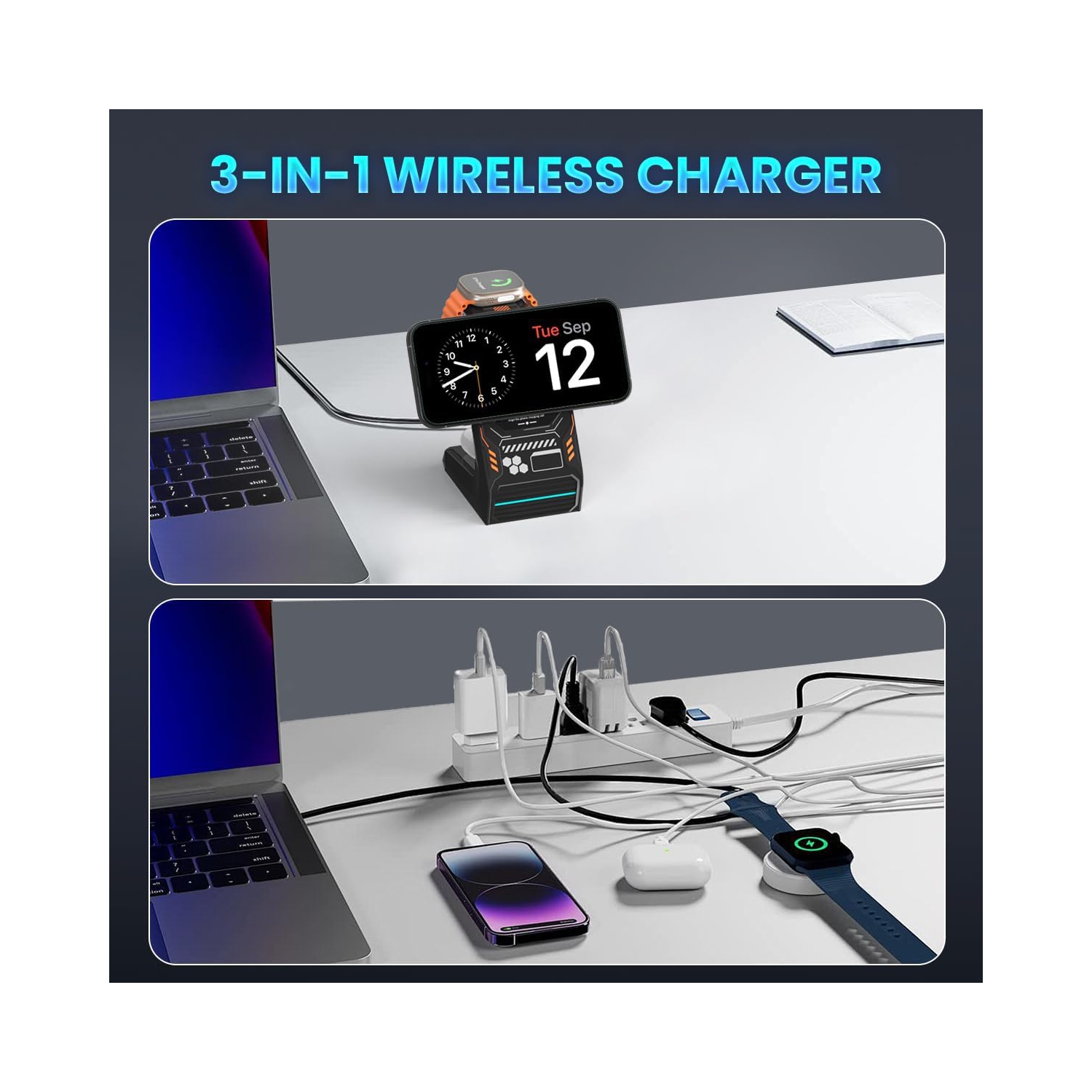 3 in 1 Wireless Charging Station for MagSafe: Magnetic Charge Stand for iPhone Apple 15 14 13 12 Pro/Pro Max/Plus/Mini- Fast Wireless Charger Dock