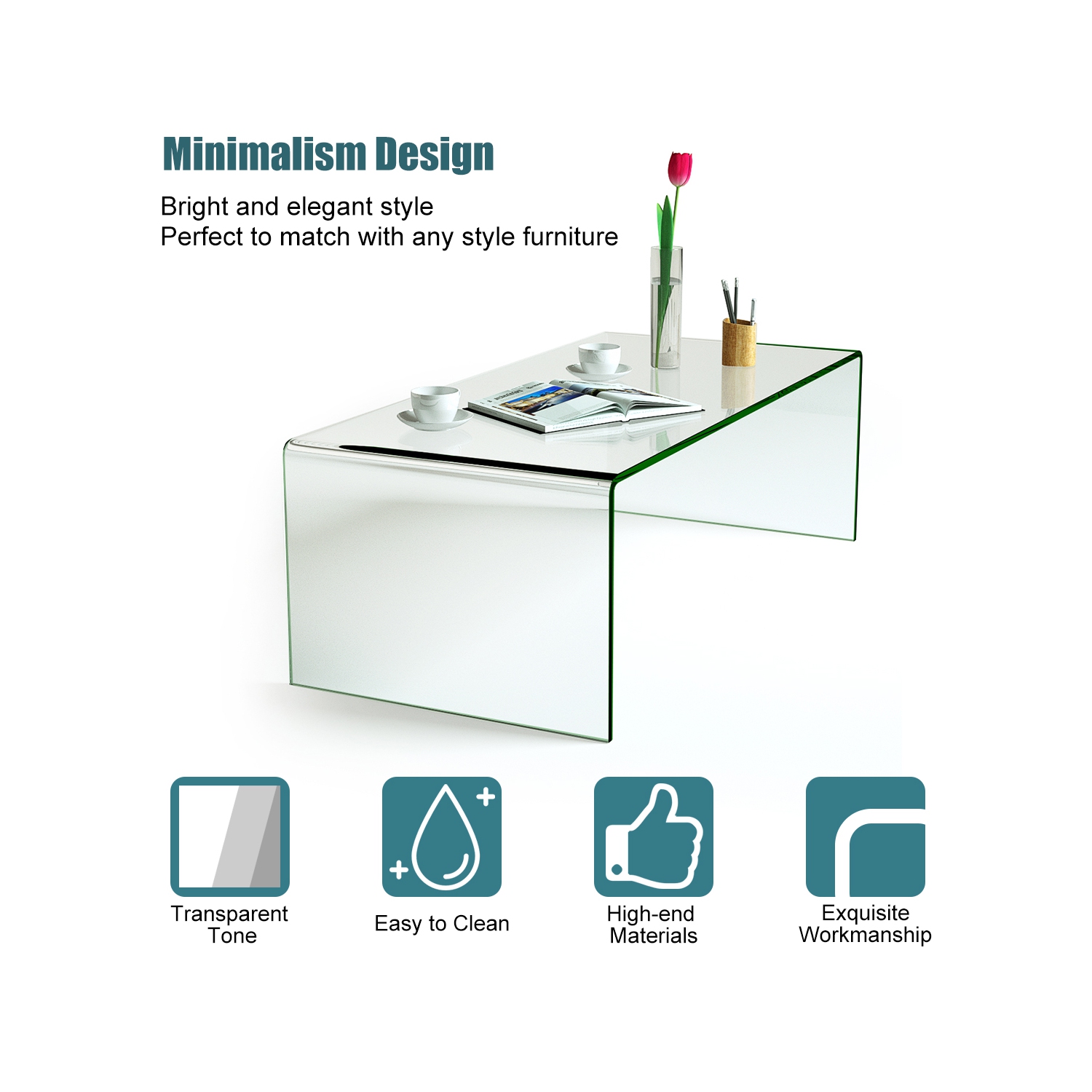 Table basse en verre de Costway, meubles modernes pour la maison, table de bout en verre trempé transparent, table en cascade avec bords arrondis