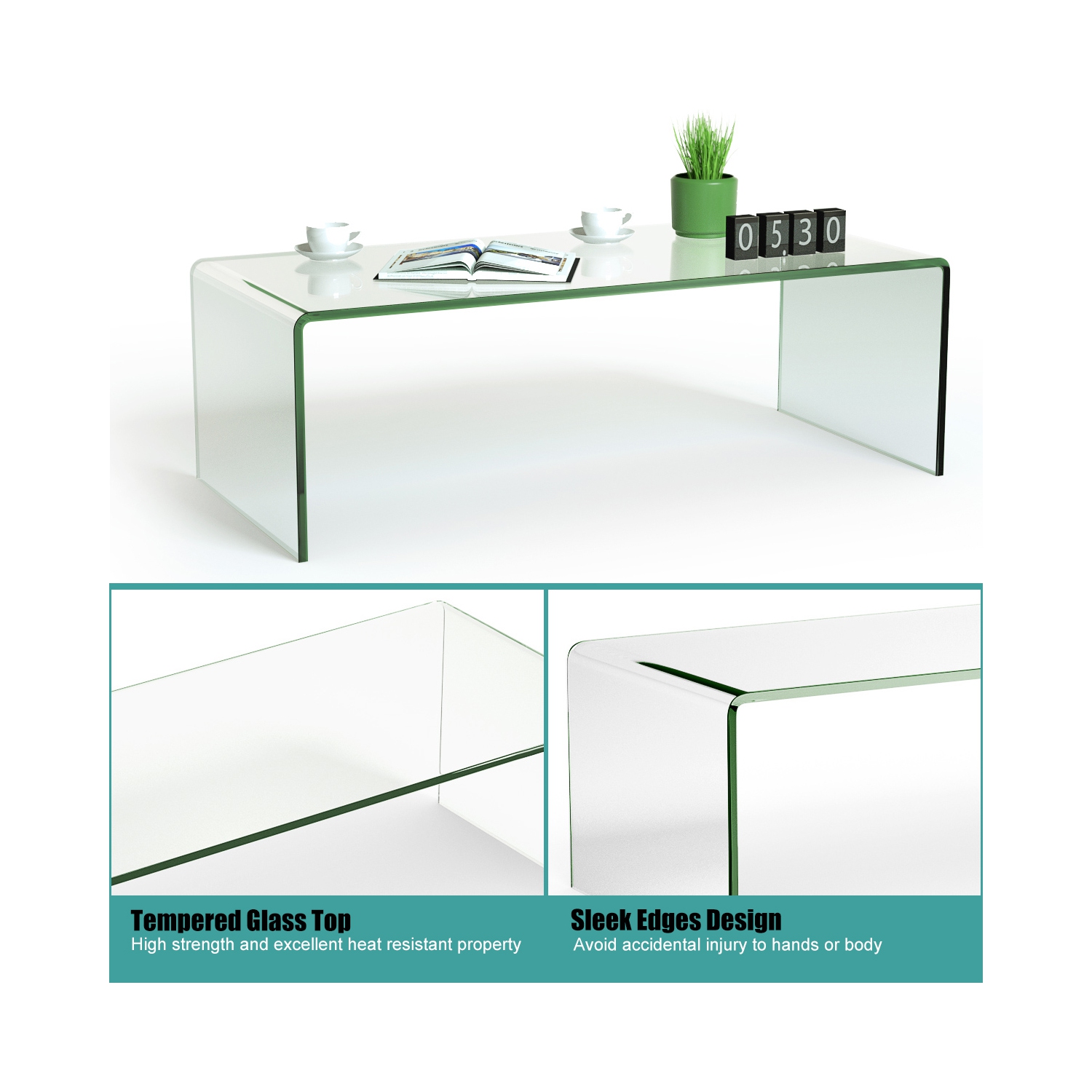 Table basse en verre de Costway, meubles modernes pour la maison, table de bout en verre trempé transparent, table en cascade avec bords arrondis