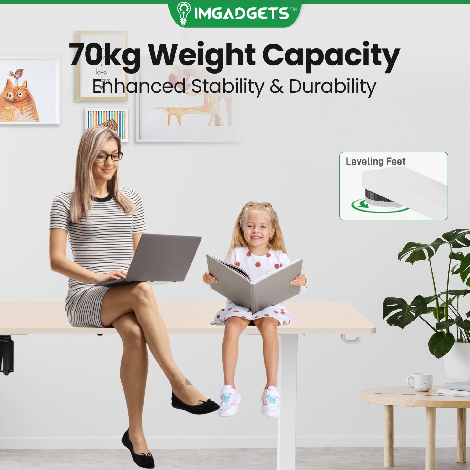 IMGadgets Electric Height-Adjustable Standing Desk with 47" x 24" Tabletop| Ideal for Home-Office Use | 3 Memory Presets, Adjustable Height Range