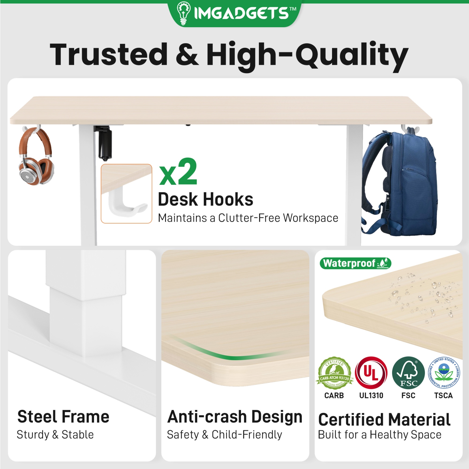 IMGadgets Electric Height-Adjustable Standing Desk with 47" x 24" Tabletop| Ideal for Home-Office Use | 3 Memory Presets, Adjustable Height Range