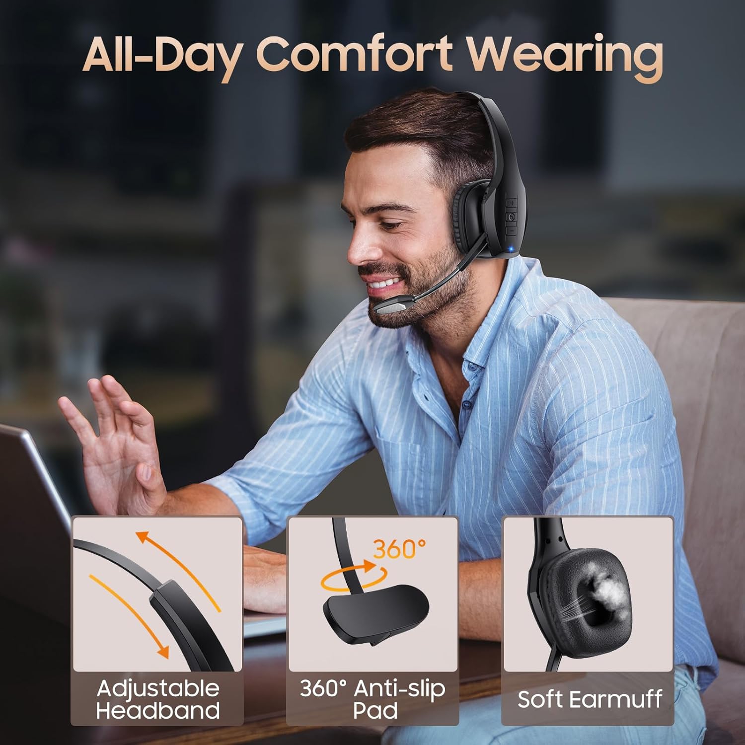 Bluetooth Headset with Microphone, Trucker Headset Bluetooth Wireless Noise Cancelling & Mute Button, 55 Hours Working Time Wireless On-Ear Headset