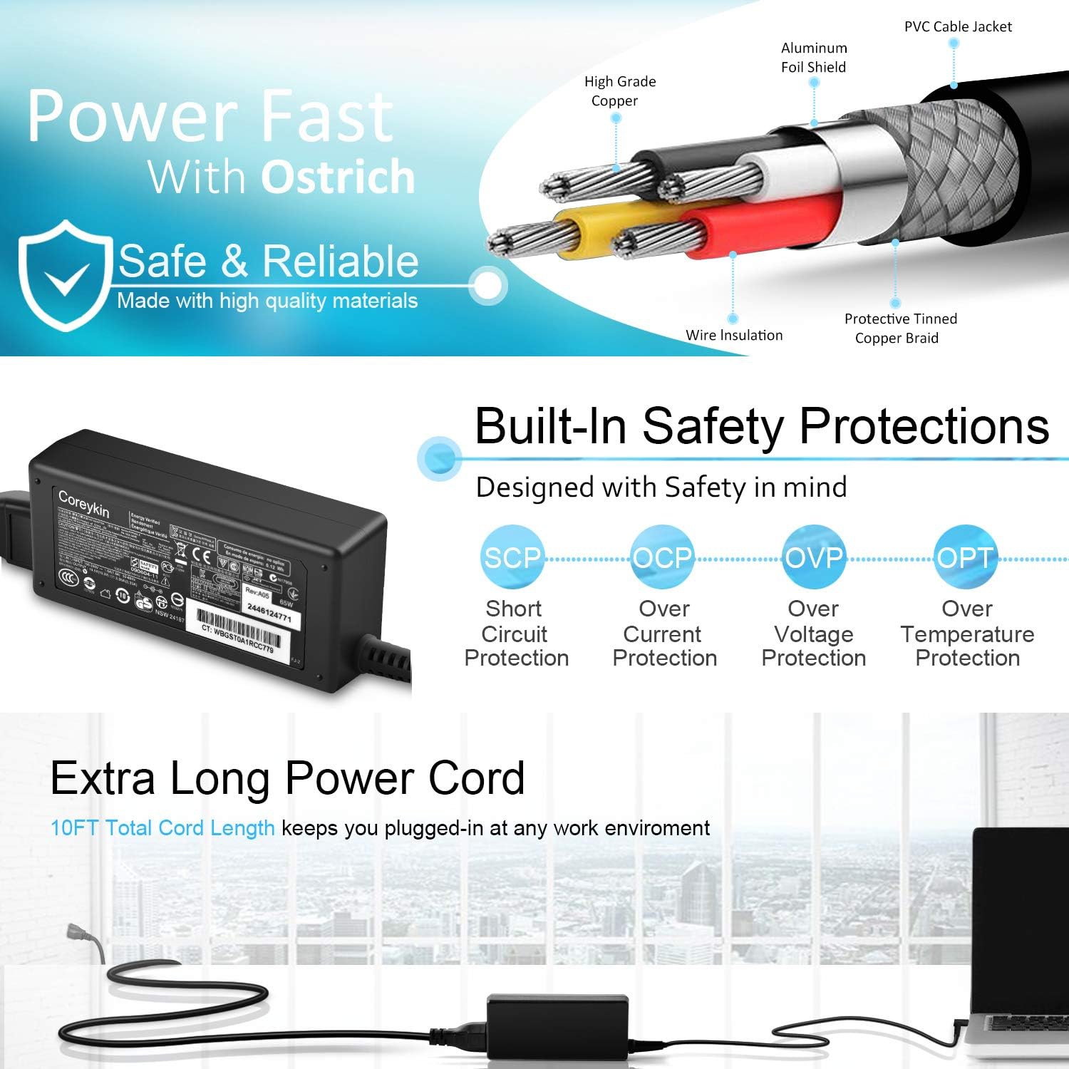 Charger for HP Laptop Computer Smart Blue Tip, Compatible with Pavilion x360 17 15 14, Elitebook Folio 1040 G1, HP Chromebook Stream 14 13,HP Envy