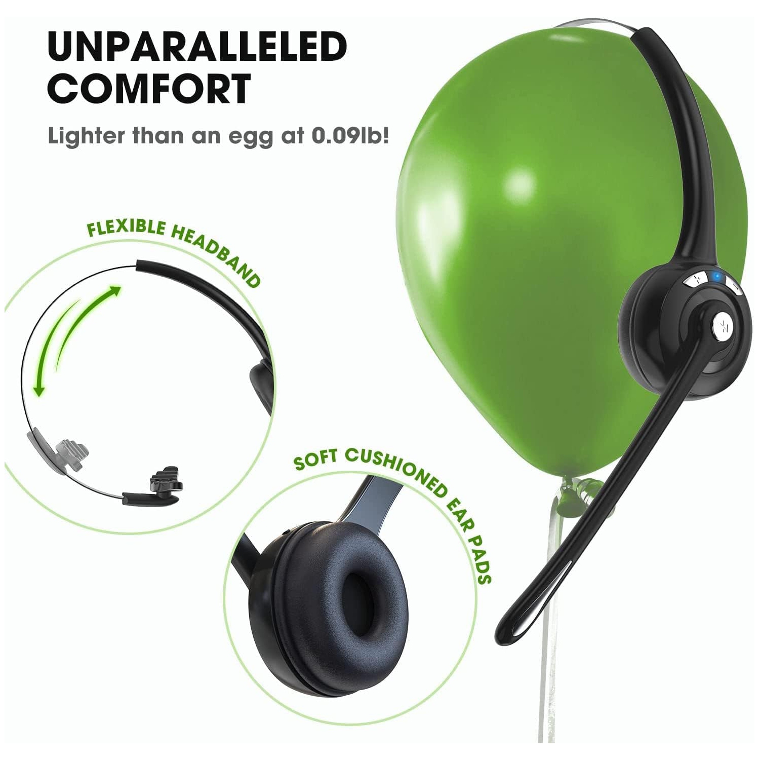 Bluetooth Headset with Microphone, V5.1 Wireless On-Ear Noise Cancelling Headphones Phone Headset Mute Button for Laptop, Skype, Call Center, Office,