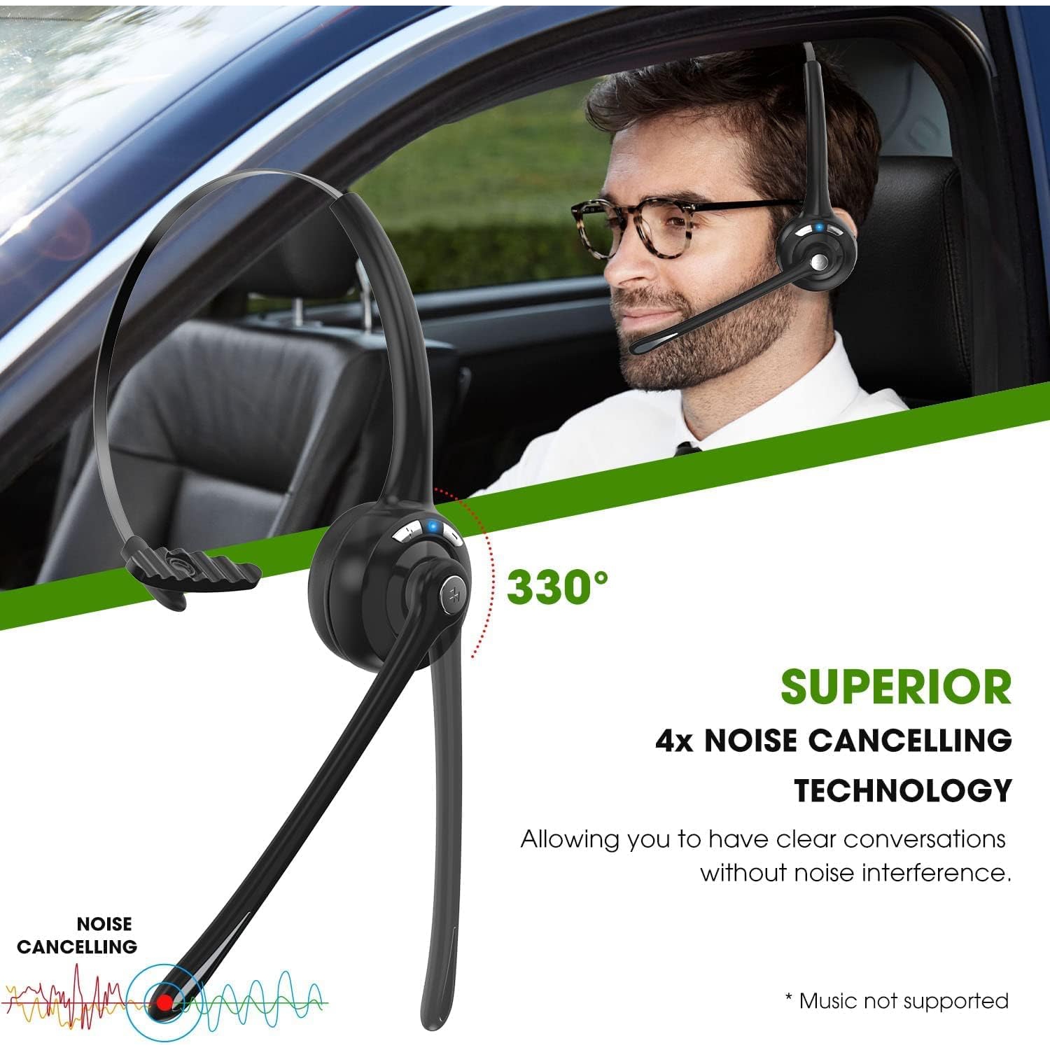 Bluetooth Headset with Microphone, V5.1 Wireless On-Ear Noise Cancelling Headphones Phone Headset Mute Button for Laptop, Skype, Call Center, Office,