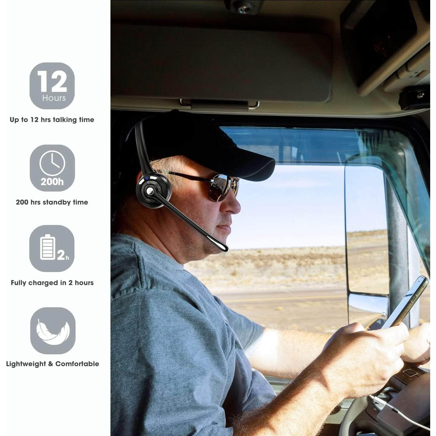 Bluetooth Headset with Microphone, V5.1 Wireless On-Ear Noise Cancelling Headphones Phone Headset Mute Button for Laptop, Skype, Call Center, Office,