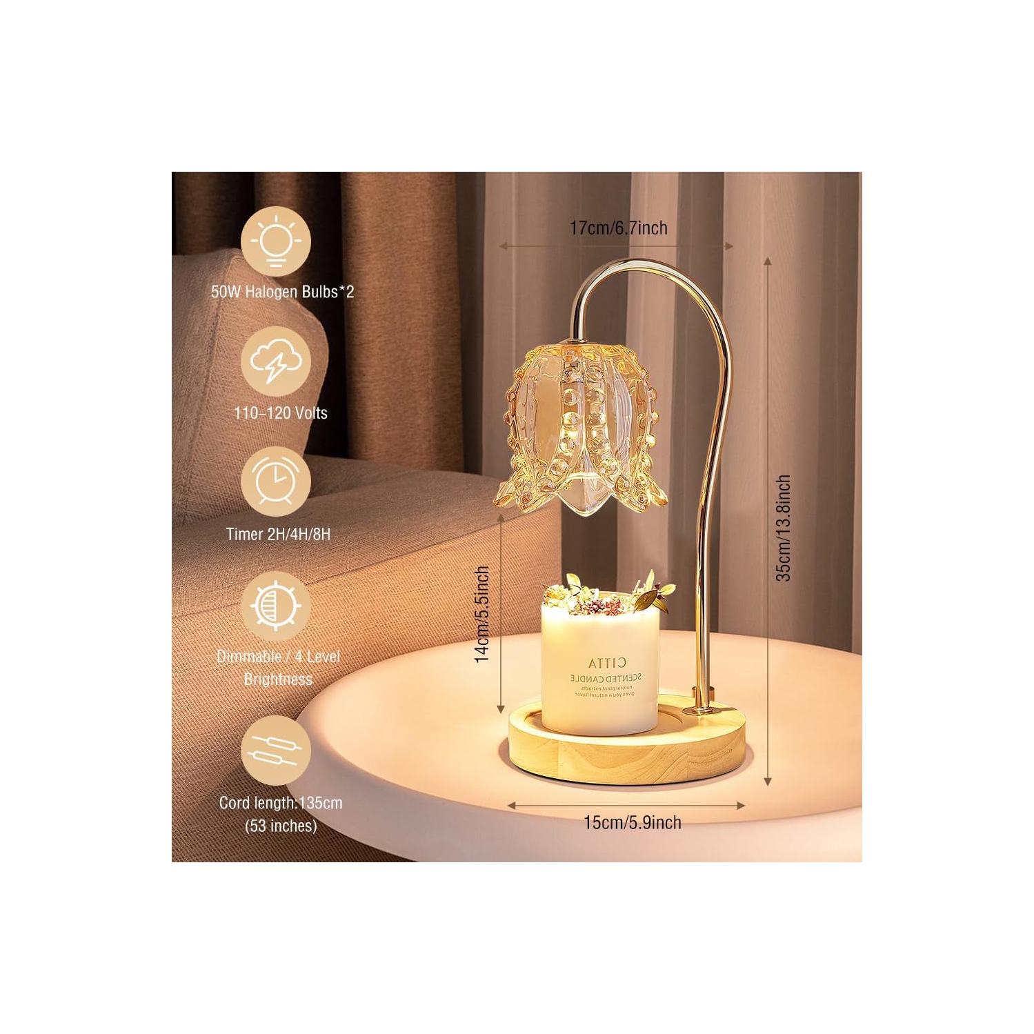 Bougie chauffe-chandelle avec minuterie et gradateur, bougie chauffe-bougie électrique à dessus de bougie avec 2 ampoules Lampe chauffante pour Home