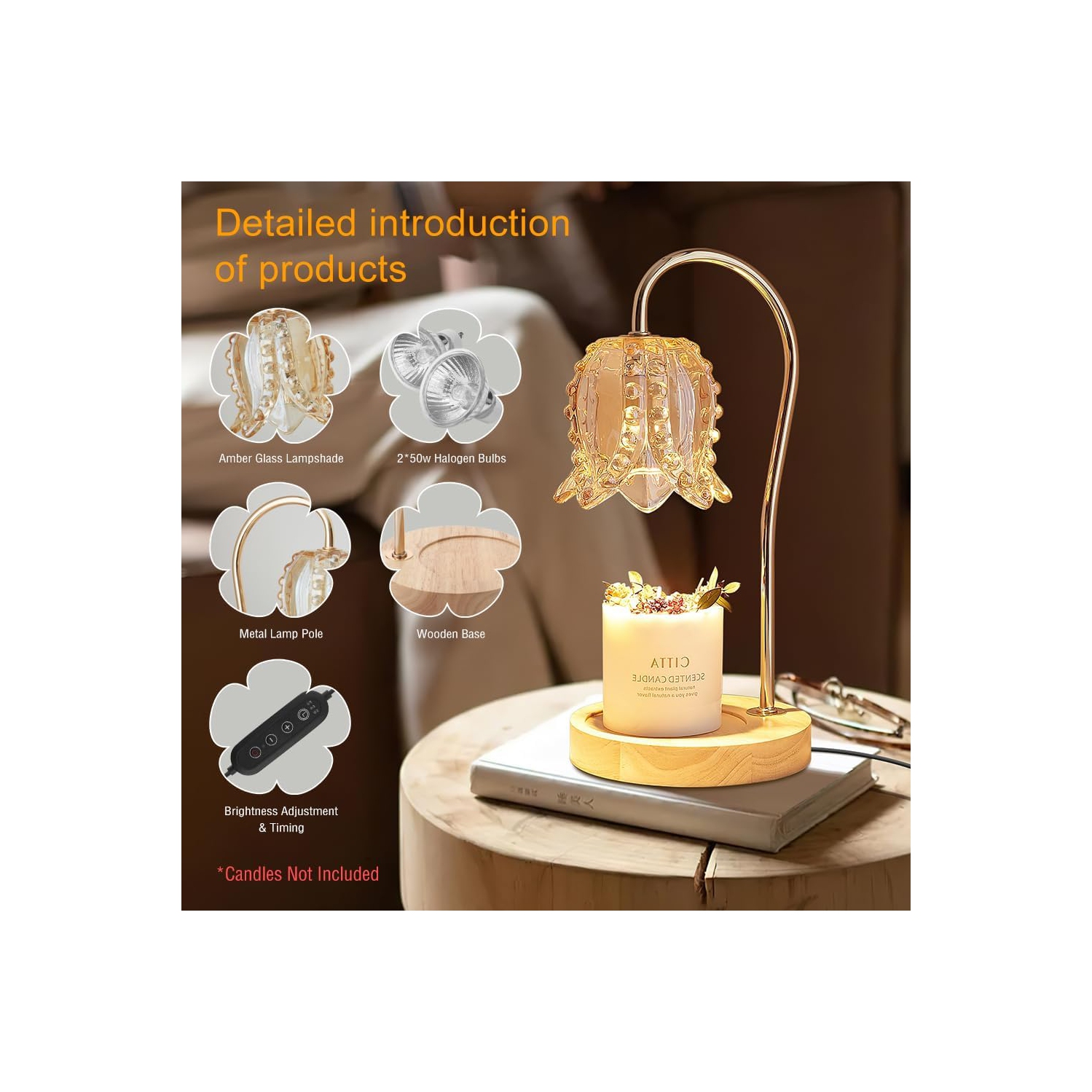 Bougie chauffe-chandelle avec minuterie et gradateur, bougie chauffe-bougie électrique à dessus de bougie avec 2 ampoules Lampe chauffante pour Home