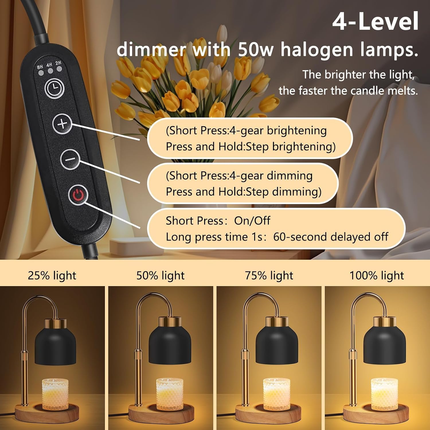 Candle Warmer Lamp with Timer, Candle Lamp with Dimmer and 2 Bulbs, Wax Warmer Height Adjustable for Home Decor, Wax Melt Warmer for Scented Candles
