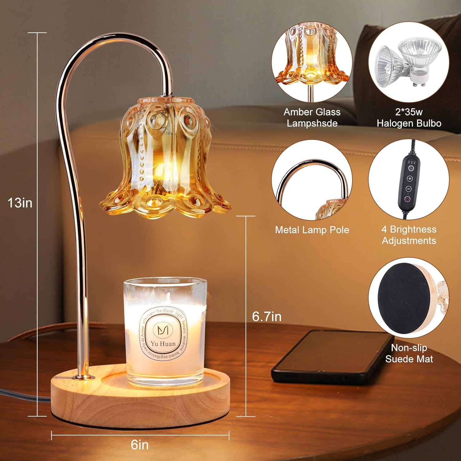 Candle Warmer Lamp with Timer, Electric Candle Lamp Warmer with 2 Bulbs, Dimmable Vintage Flower Lamp, Suitable for Small and Large Jar Candles,