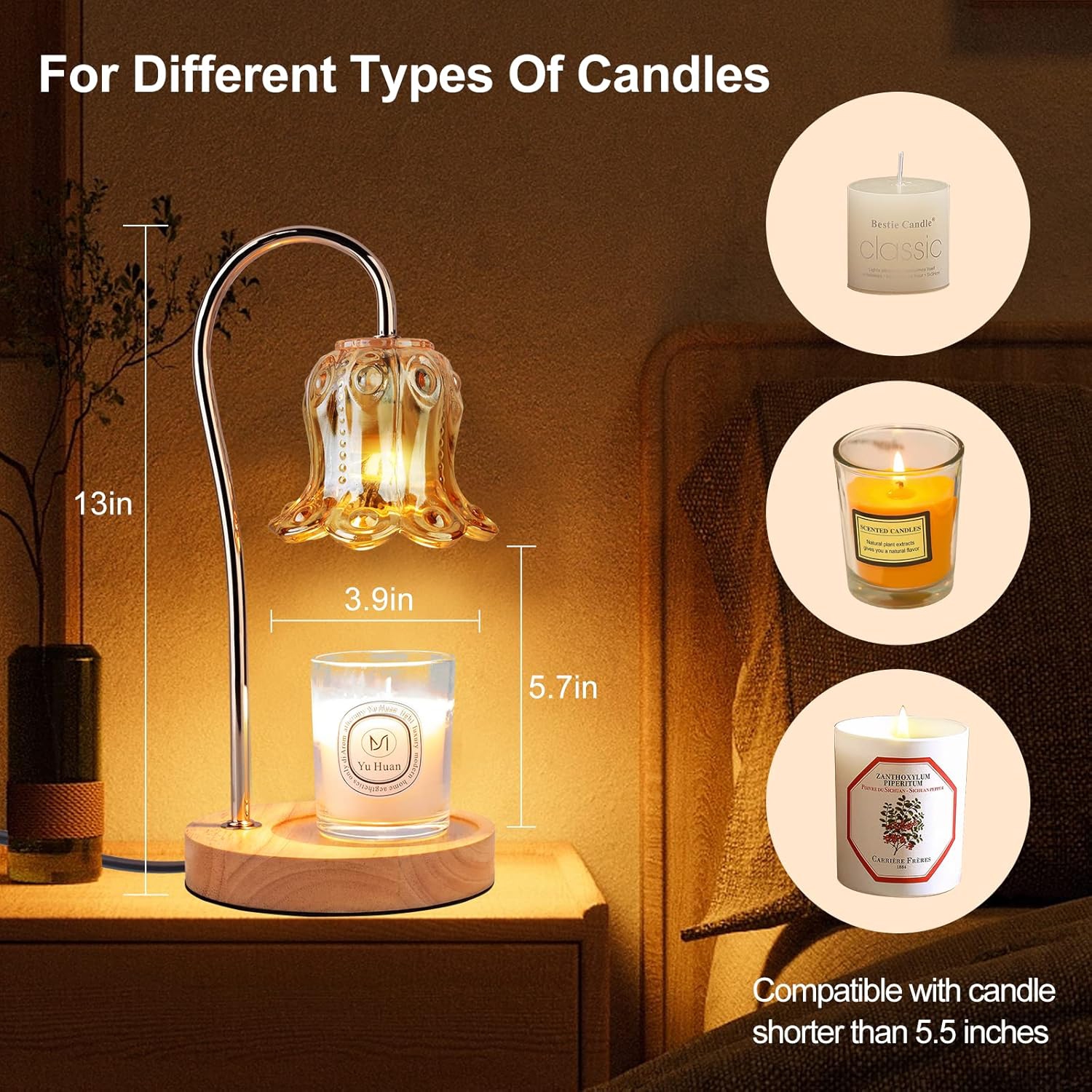 Candle Warmer Lamp with Timer, Electric Candle Lamp Warmer with 2 Bulbs, Dimmable Vintage Flower Lamp, Suitable for Small and Large Jar Candles,