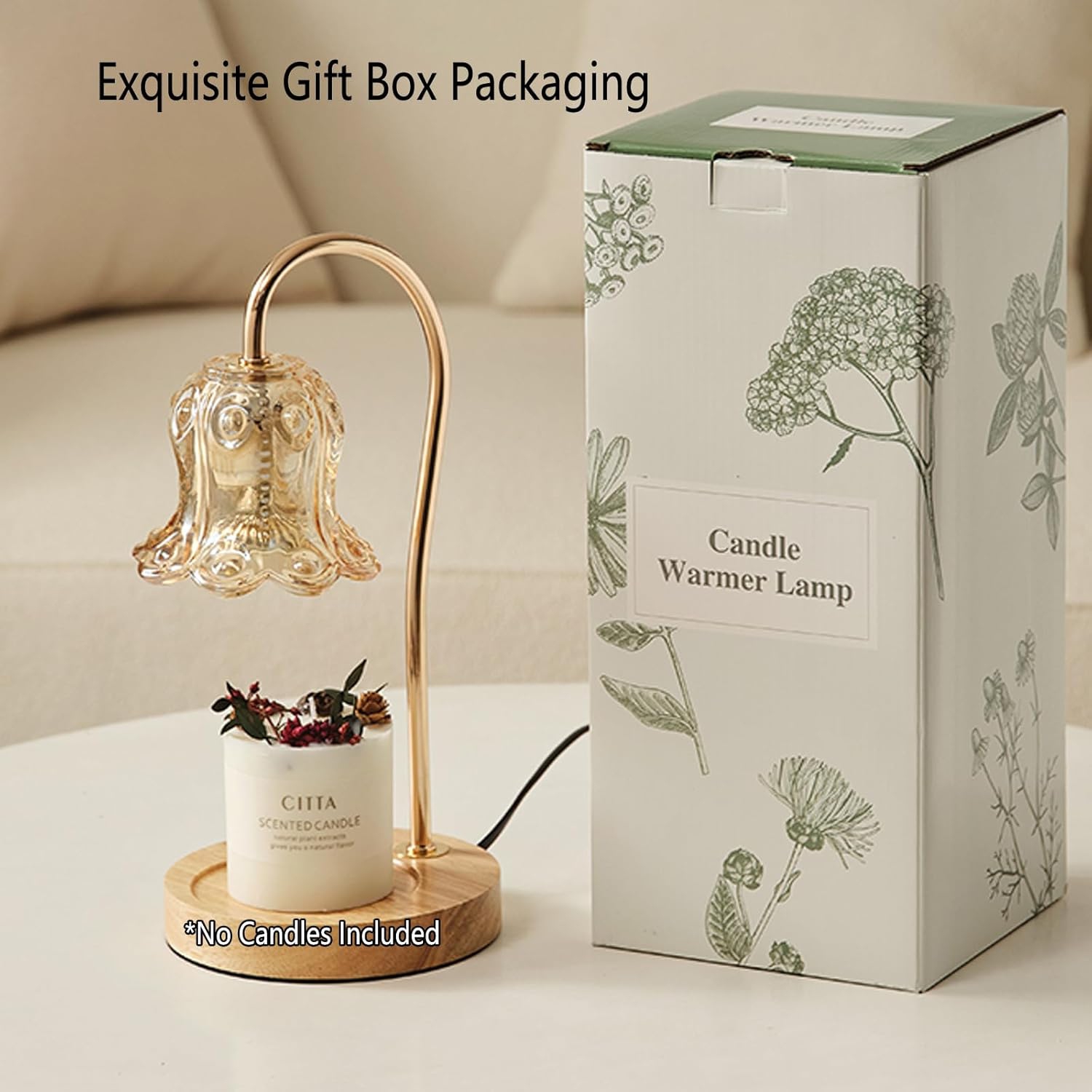 Amber Flower Candle Warmer Lamp,Dimmable Crystal Lantern with Timer & Woodern Base,Wax Melter for Scented Candles,Compatible with Small & Large