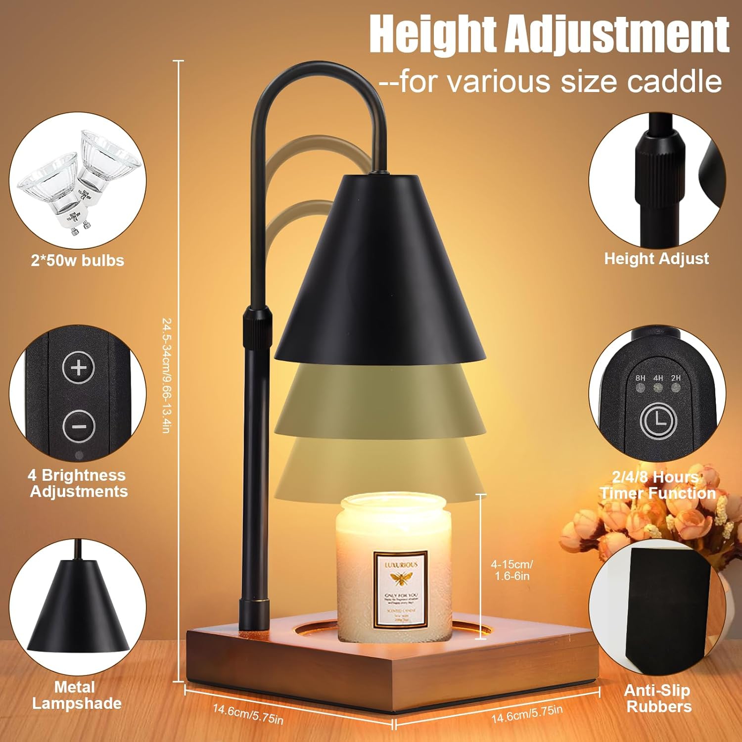 Réchauffeur de bougie, lampe chauffe-cire à bougie électrique avec minuterie et chauffe-cire à hauteur réglable pour bougies parfumées, bougies en