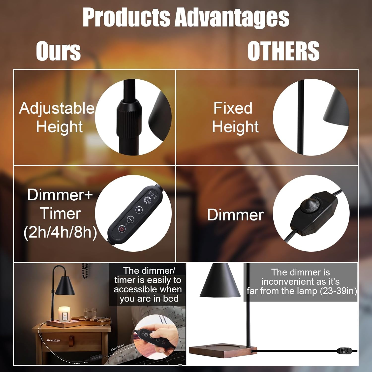 Réchauffeur de bougie, lampe chauffe-cire à bougie électrique avec minuterie et chauffe-cire à hauteur réglable pour bougies parfumées, bougies en