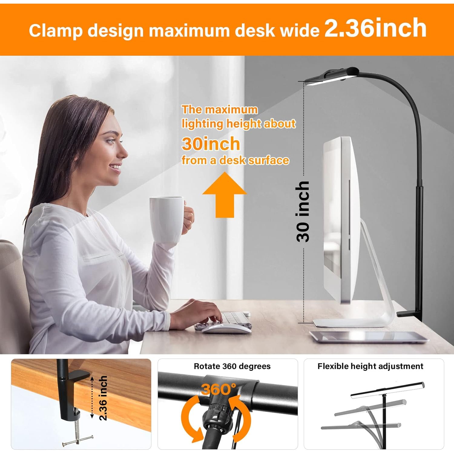 Lampe de bureau LED avec pince - Lampe de bureau Architect à bras pivotant Lampe de travail à rotation de 360 ° Éclairage de bureau à col de cygne