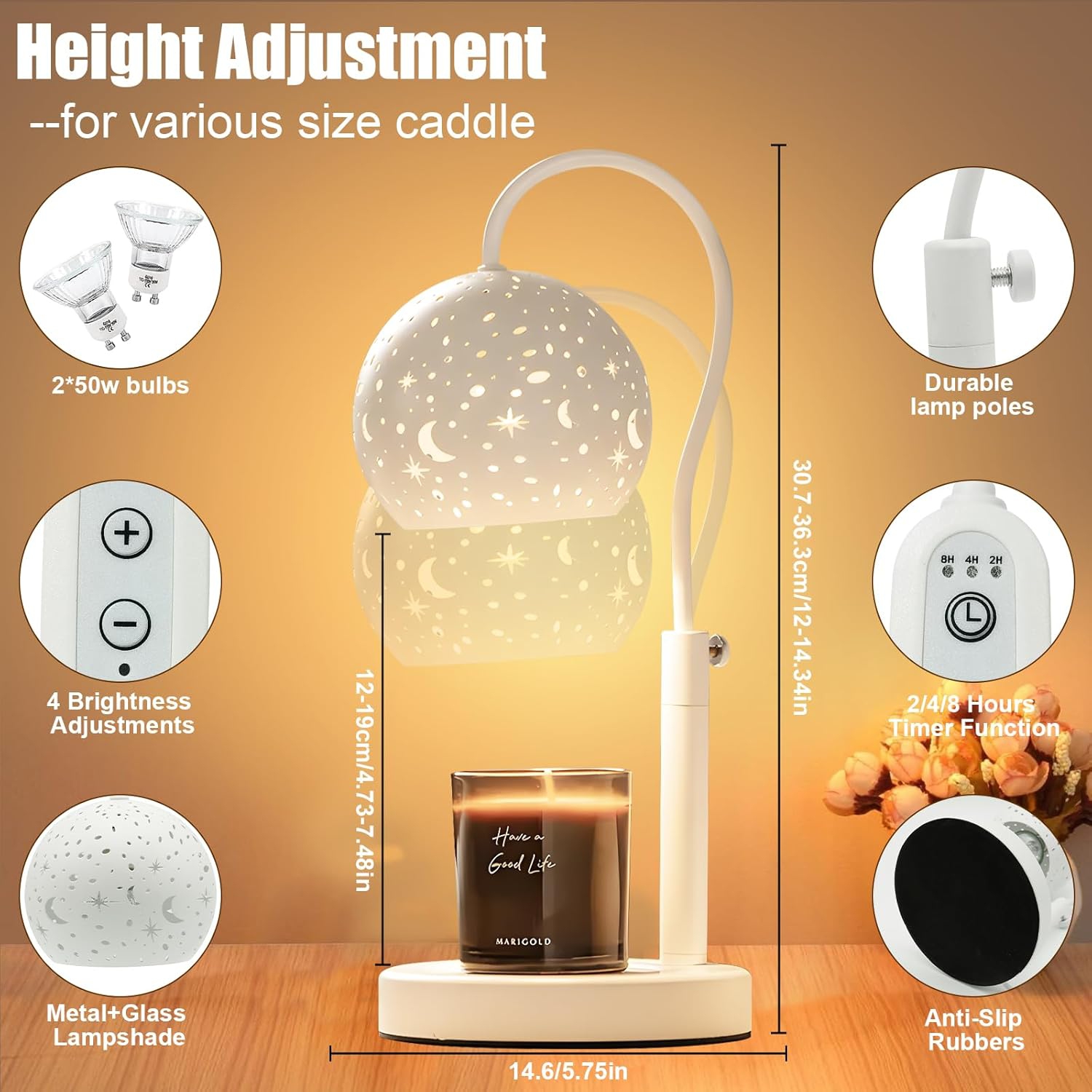 Candle Warmer Lamp with Dimmer 2/4/8H Timer Candle Lamp Warmer Adjustable Height with 2 Bulbs, Dimmable Electric Candle Warming Lamp for Scented Jar