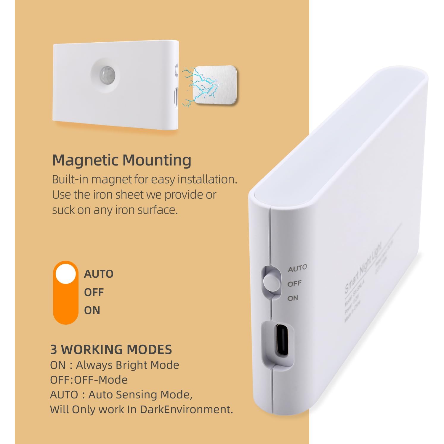 2-pcs Night Light with Motion Detector, Led Children Night Light Rechargeable, Battery Operated Stairs Light 3 Modes, Closet Light 2700K for