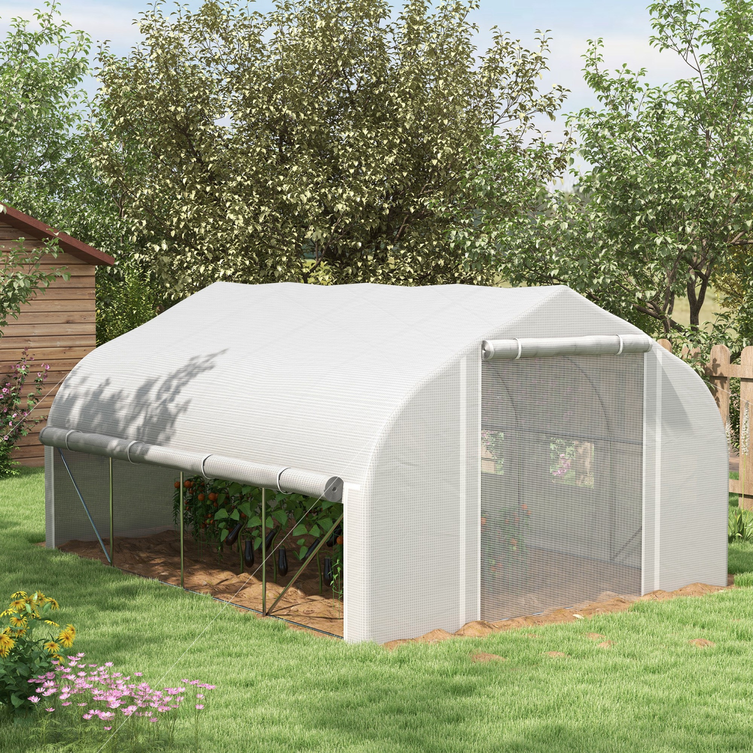 Outsunny 13 x 9.8ft Walk-in Polytunnel Greenhouse, Zipped Roll Up Sidewalls, Mesh Door, 8 Mesh Windows, Tunnel Warm House Tent with PE Cover, Plant