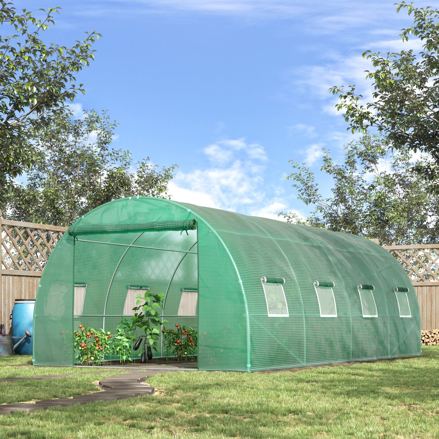 Outsunny Walk-in Tunnel Greenhouse, 19 x 10 x 6.6 ft Hoop House with Zipped Roll-Up Door and 8 Mesh Windows, Outdoor Greenhouse with Galvanised Steel