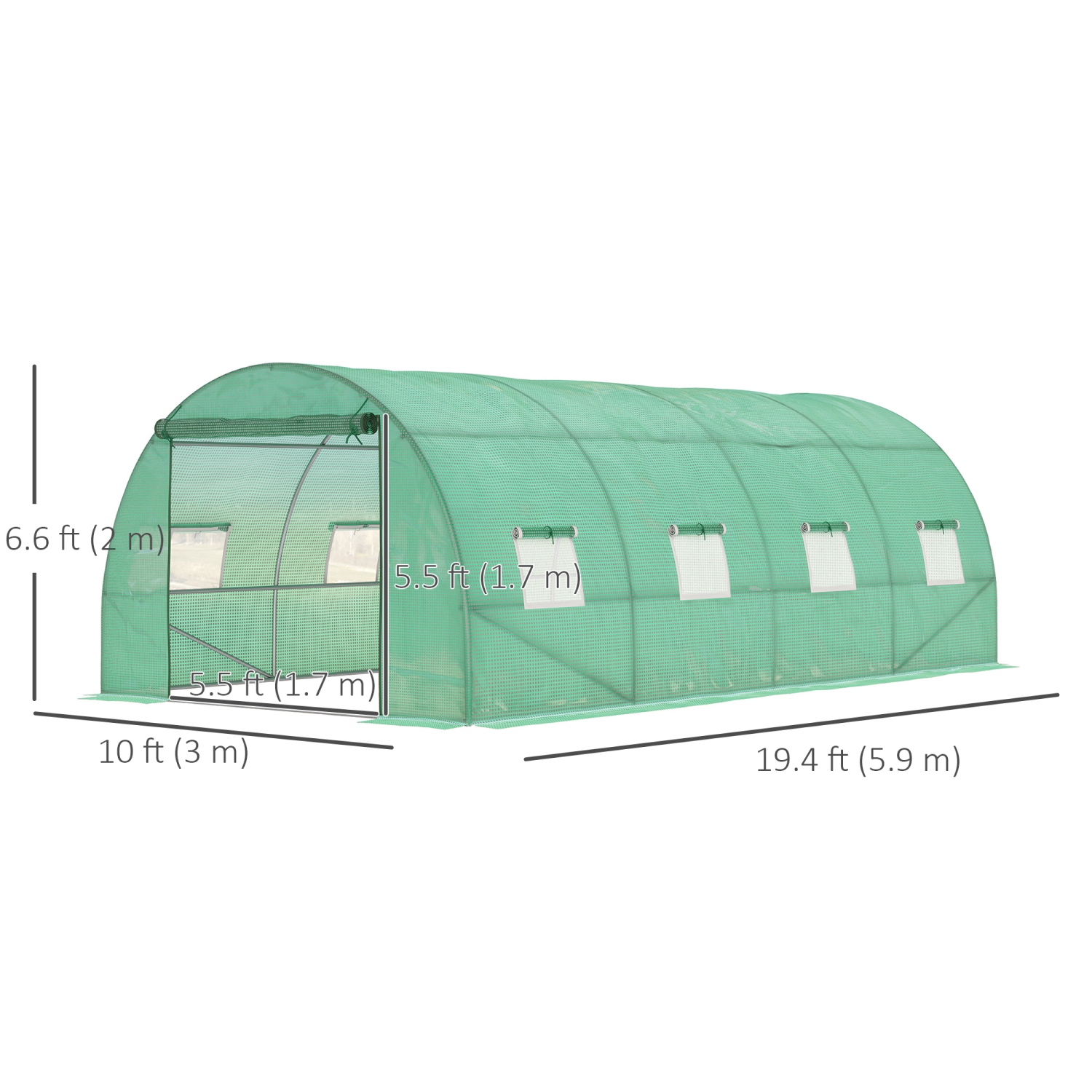 Outsunny Walk-in Tunnel Greenhouse, 19 x 10 x 6.6 ft Hoop House with Zipped Roll-Up Door and 8 Mesh Windows, Outdoor Greenhouse with Galvanised Steel