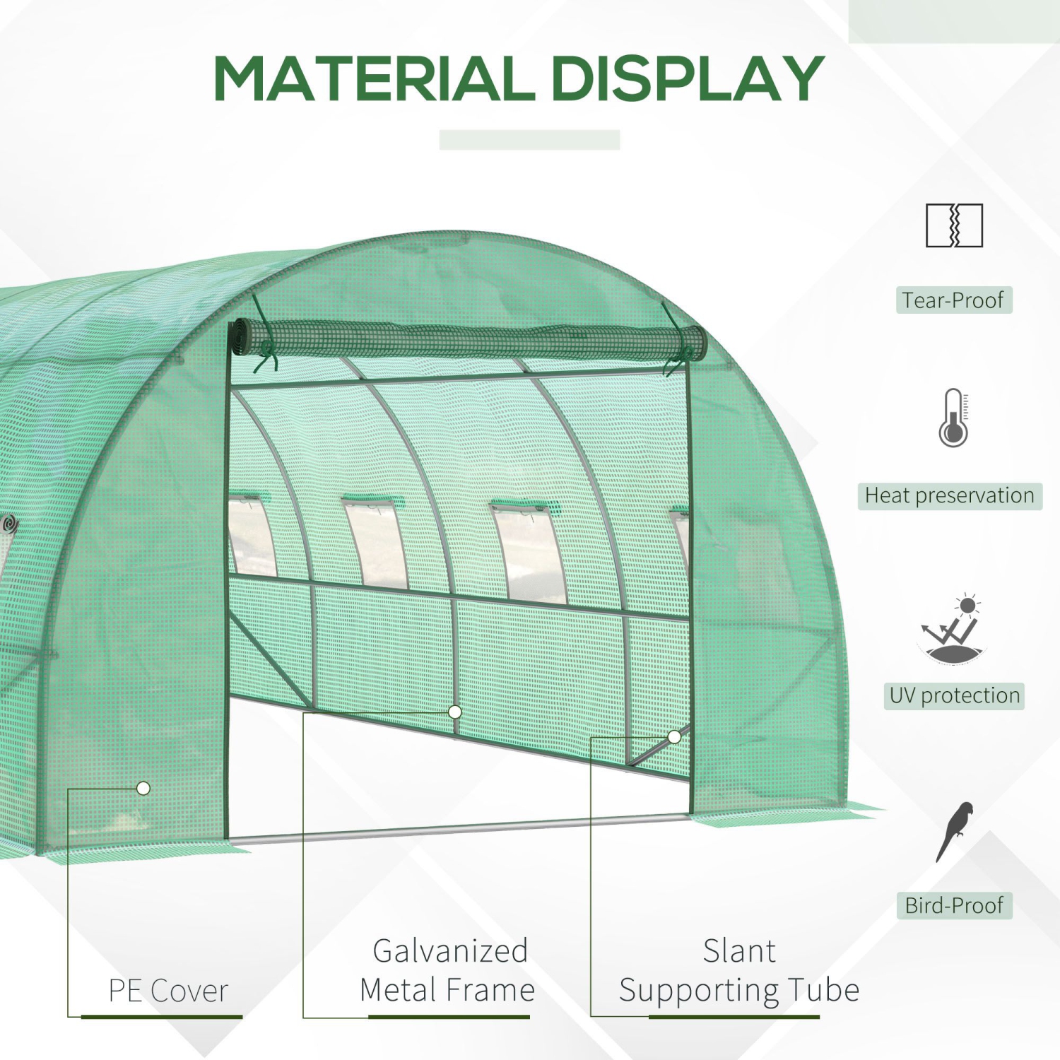 Outsunny Walk-in Tunnel Greenhouse, 19 x 10 x 6.6 ft Hoop House with Zipped Roll-Up Door and 8 Mesh Windows, Outdoor Greenhouse with Galvanised Steel