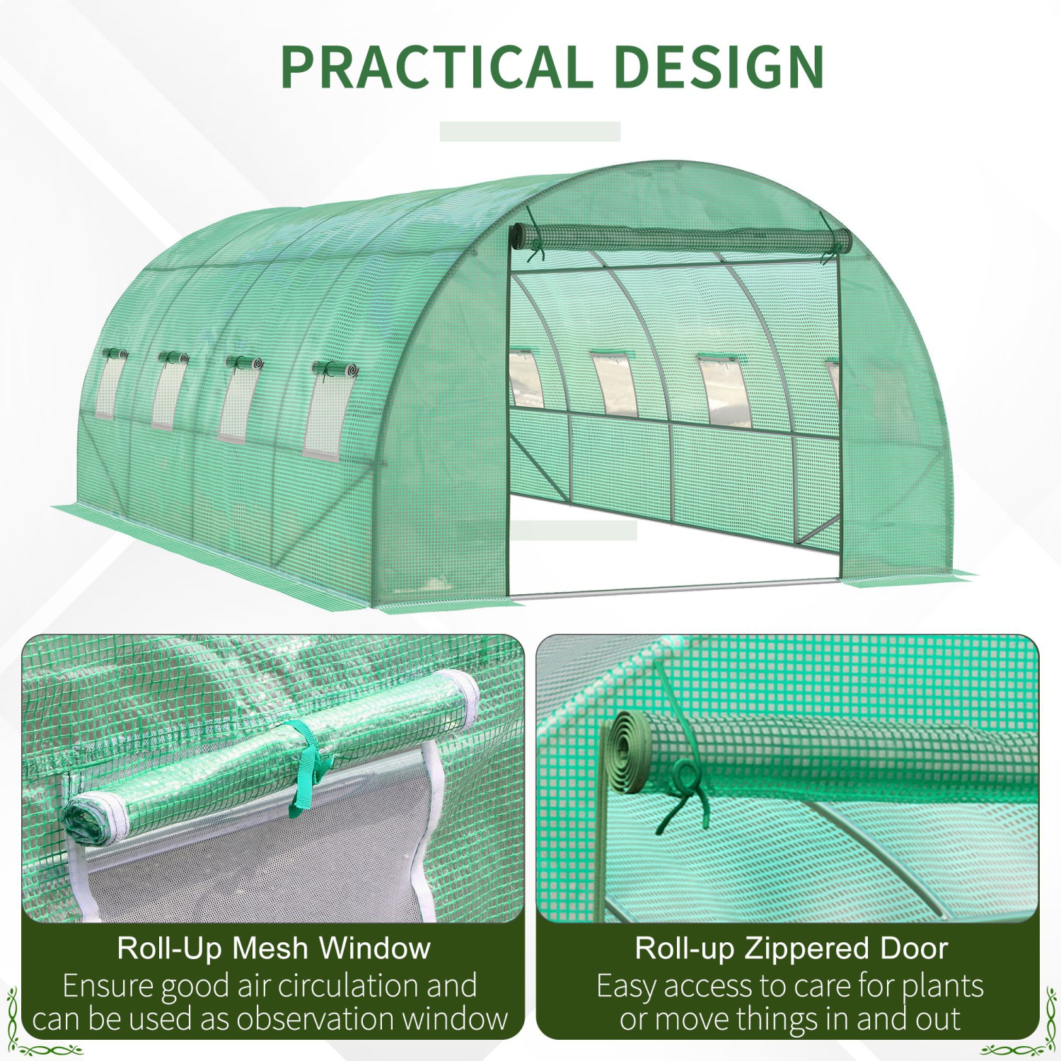 Outsunny Walk-in Tunnel Greenhouse, 19 x 10 x 6.6 ft Hoop House with Zipped Roll-Up Door and 8 Mesh Windows, Outdoor Greenhouse with Galvanised Steel
