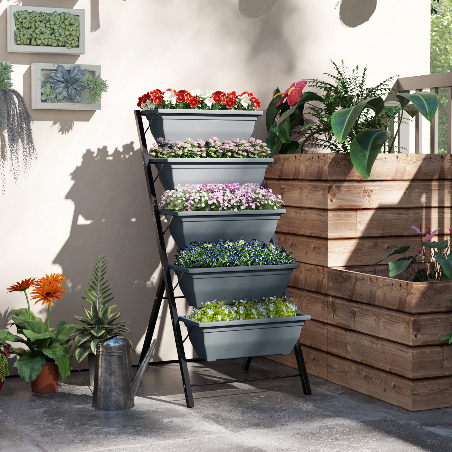 Lit de jardin surélevé à 5 niveaux Outsunny avec 5 jardinières, bacs de culture pour plantes d'extérieur avec trous de fuite pour balcon extérieur,