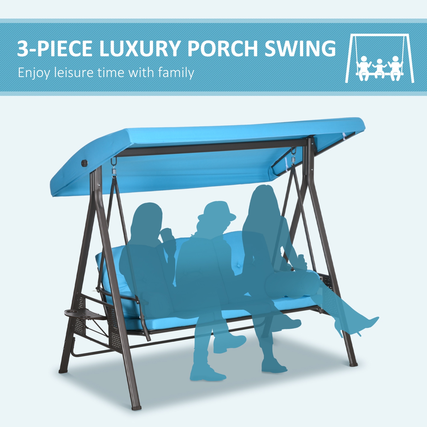 Outsunny 3 Seater Porch Swing Heavy Duty Outdoor Swing Chair Outdoor Lounge Hammock Cushioned Seat w/ Tilt Canopy, Light Blue