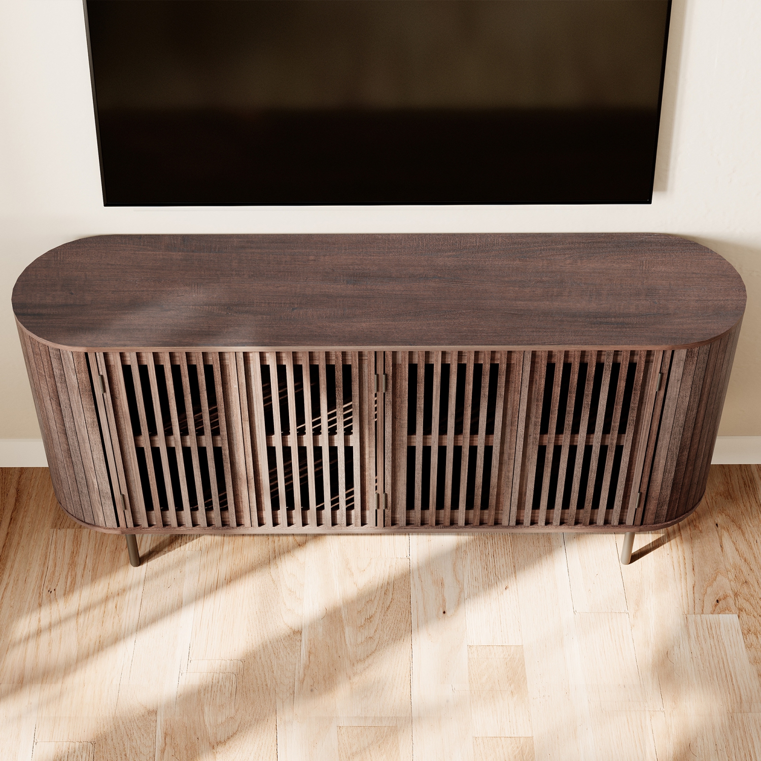 WAMPAT Sideboard Buffet Cabinet with 4 Fluted Doors,64" Wood Accent Storage Cabinet with Curved Design,Credenza for Dining Room, Living Room,